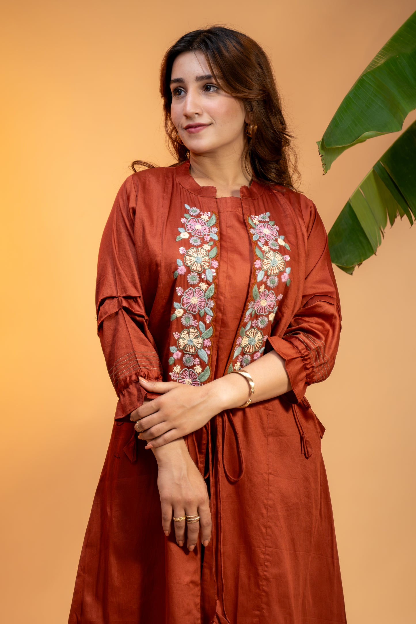 Rust Lurex Cotton Hand-Embroidered Jacket Set