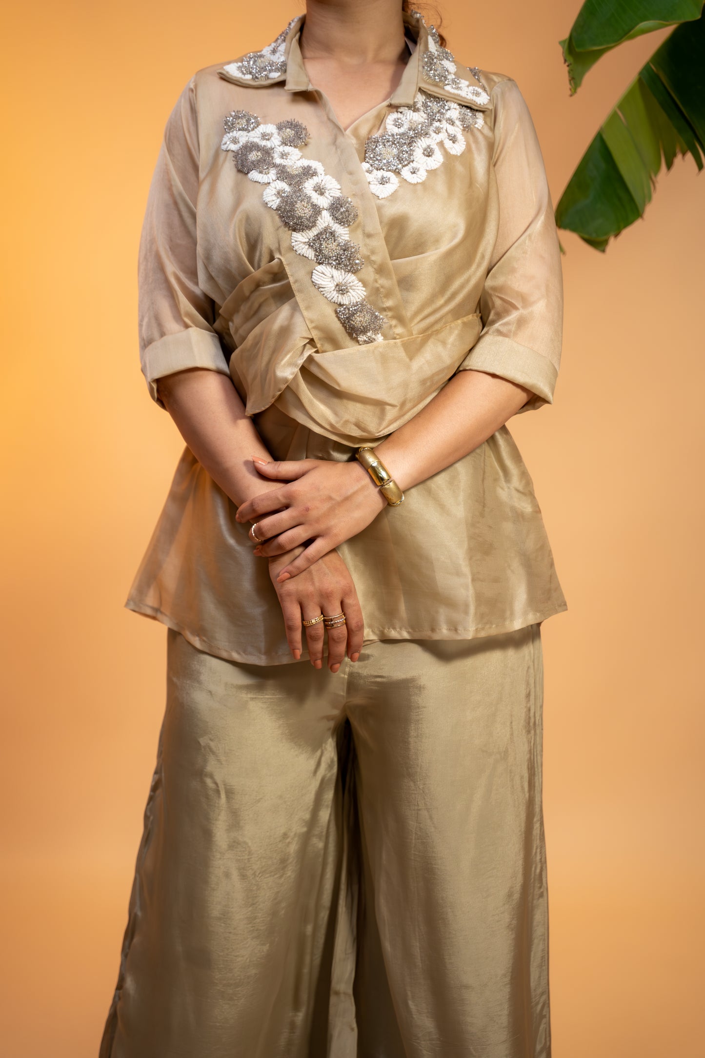Champagne Organza Hand-Embroidered Top with Satin Parallel Pants