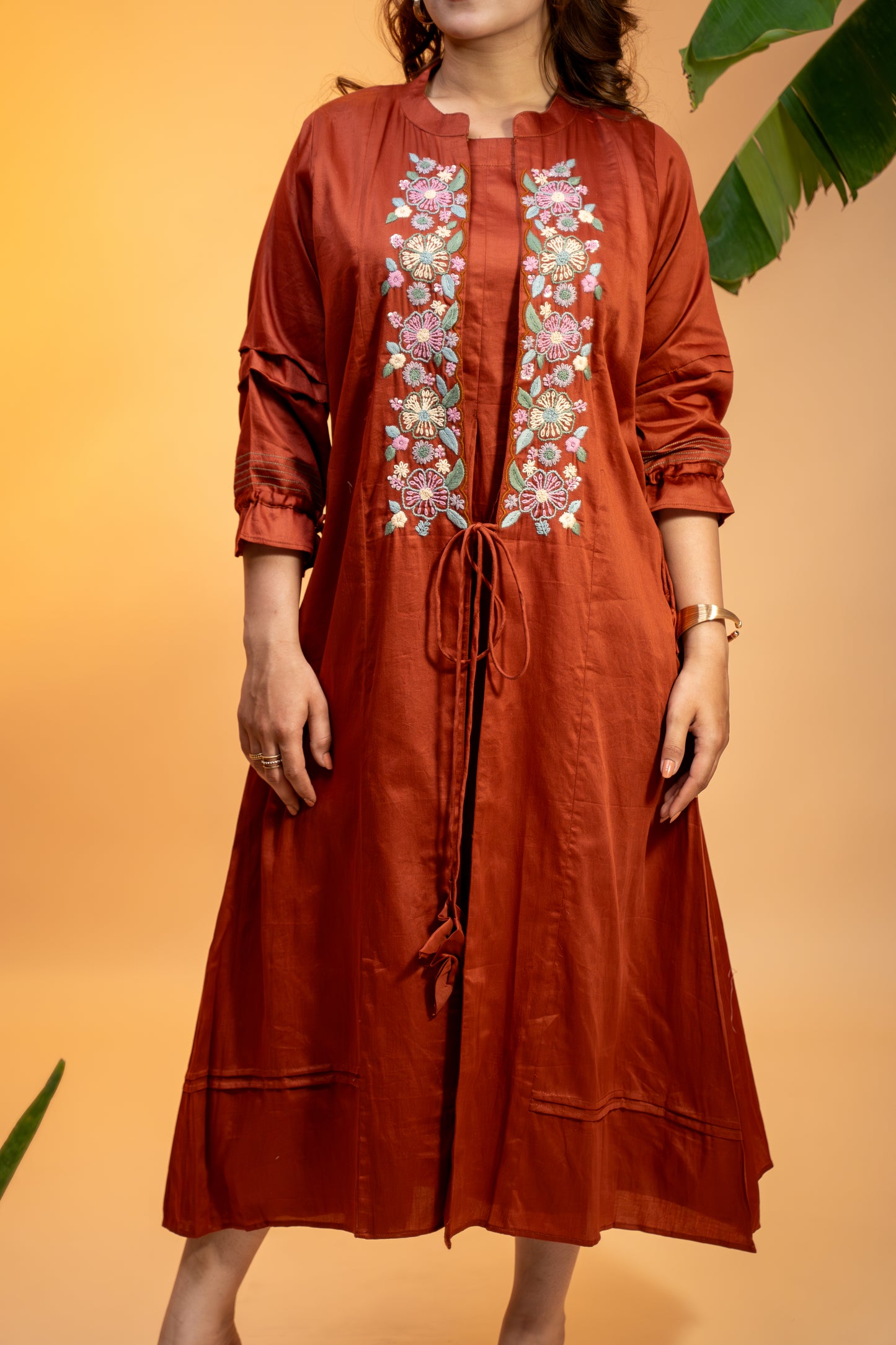 Rust Lurex Cotton Hand-Embroidered Jacket Set