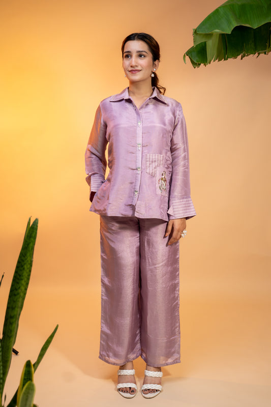 Lilac Shimmer Silk Co-ord Set  with Floral Embroidery