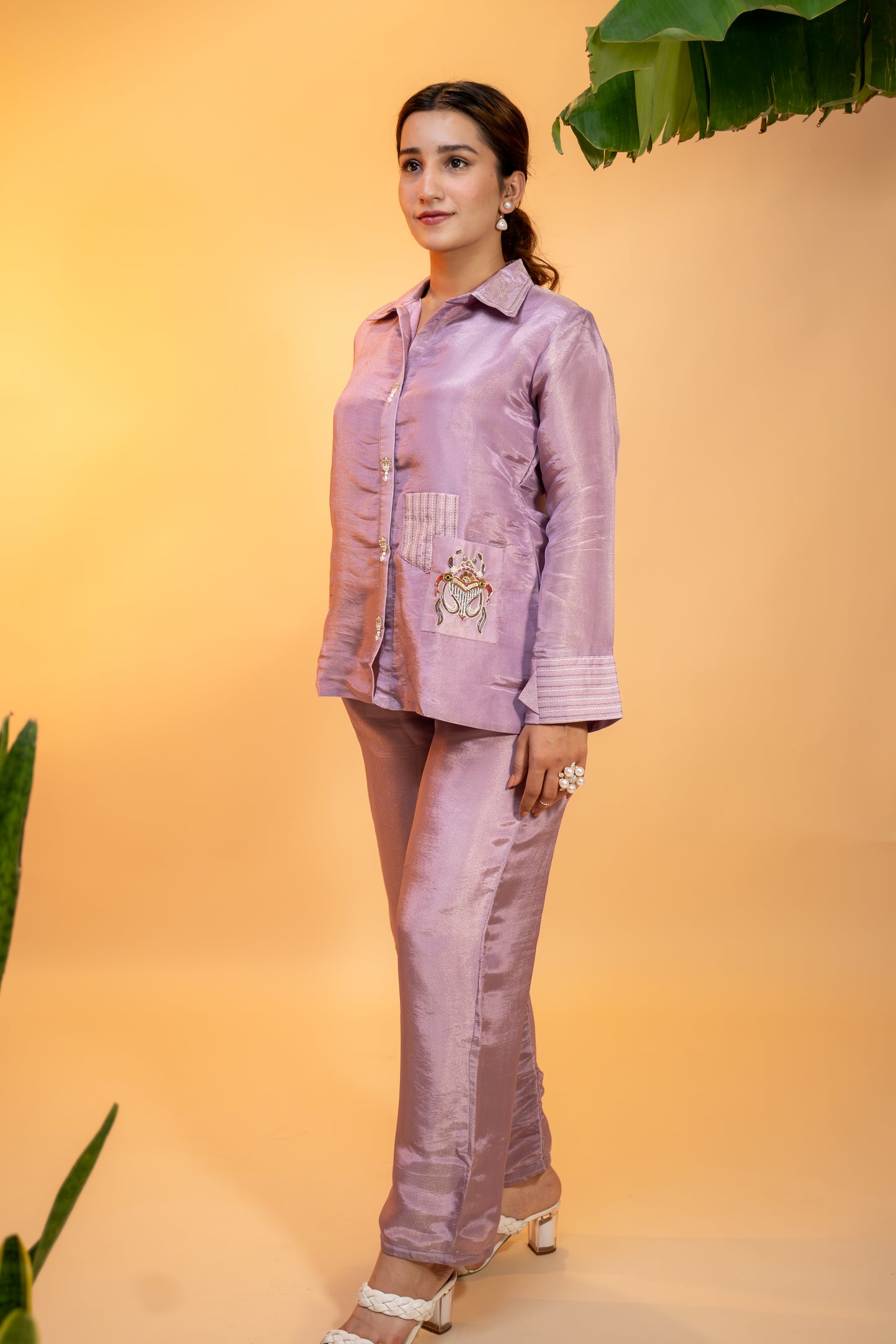 Lilac Shimmer Silk Co-ord Set  with Floral Embroidery