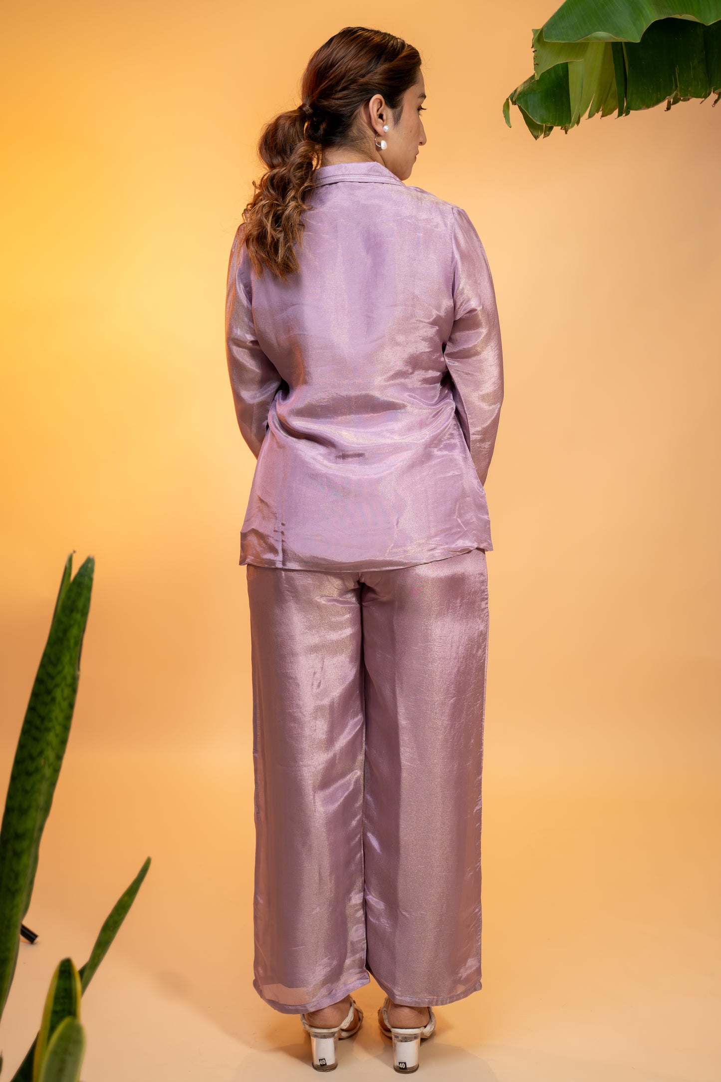 Lilac Shimmer Silk Co-ord Set  with Floral Embroidery