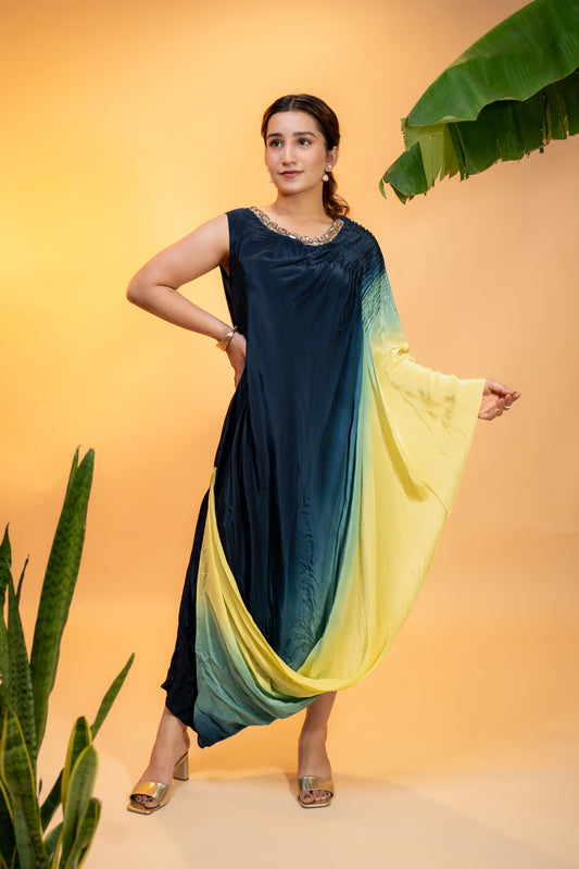 One-Shoulder Ombre Draped  Dress in Italian Satin