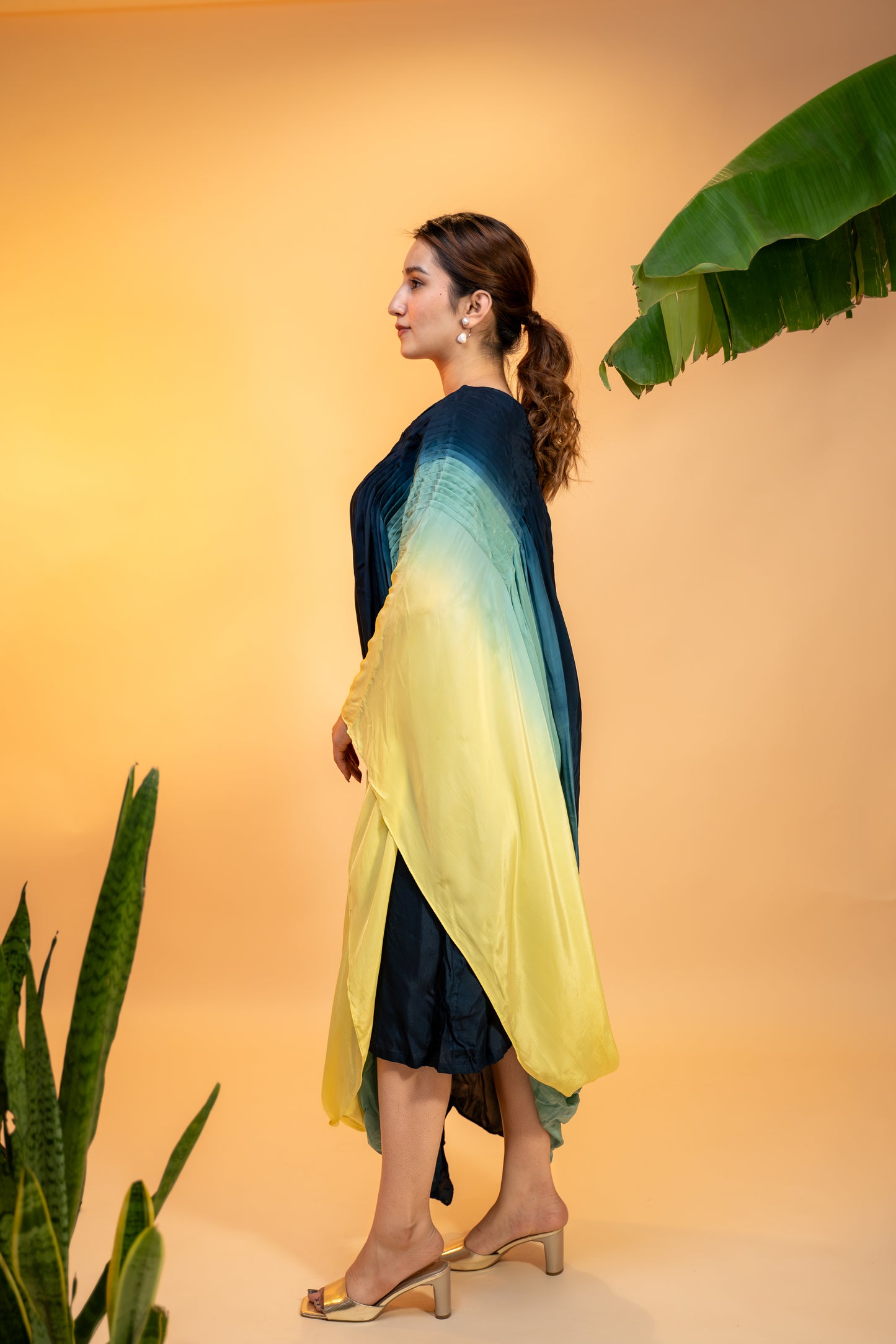 One-Shoulder Ombre Draped  Dress in Italian Satin