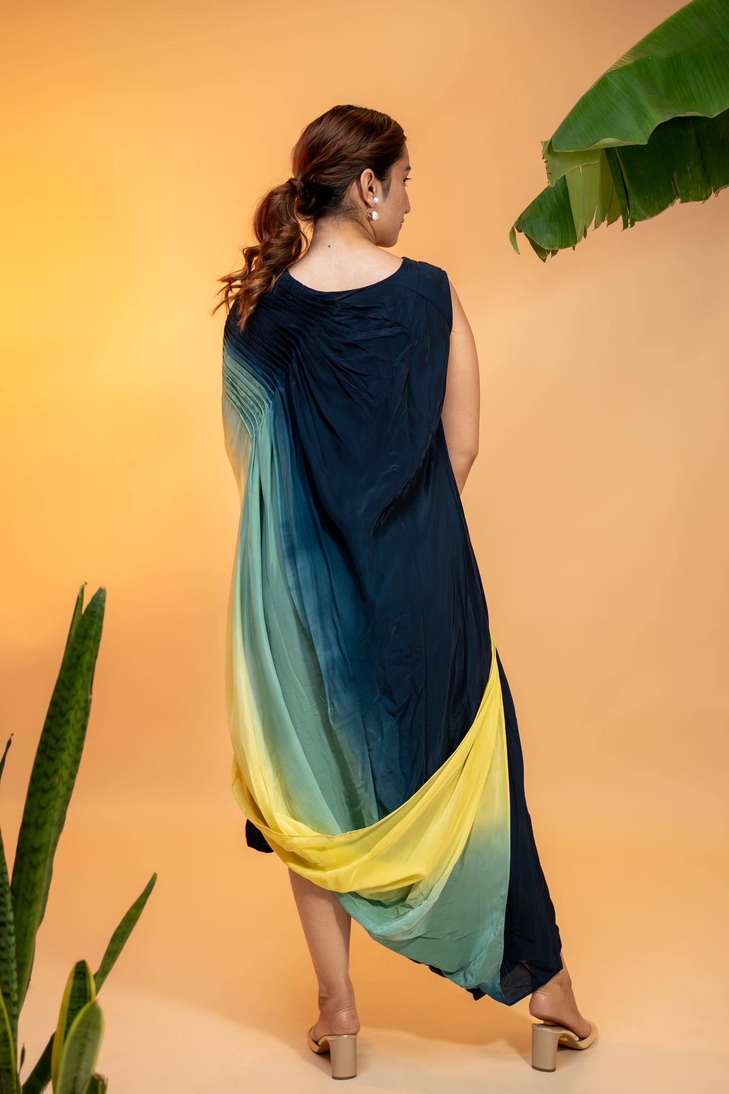 One-Shoulder Ombre Draped  Dress in Italian Satin