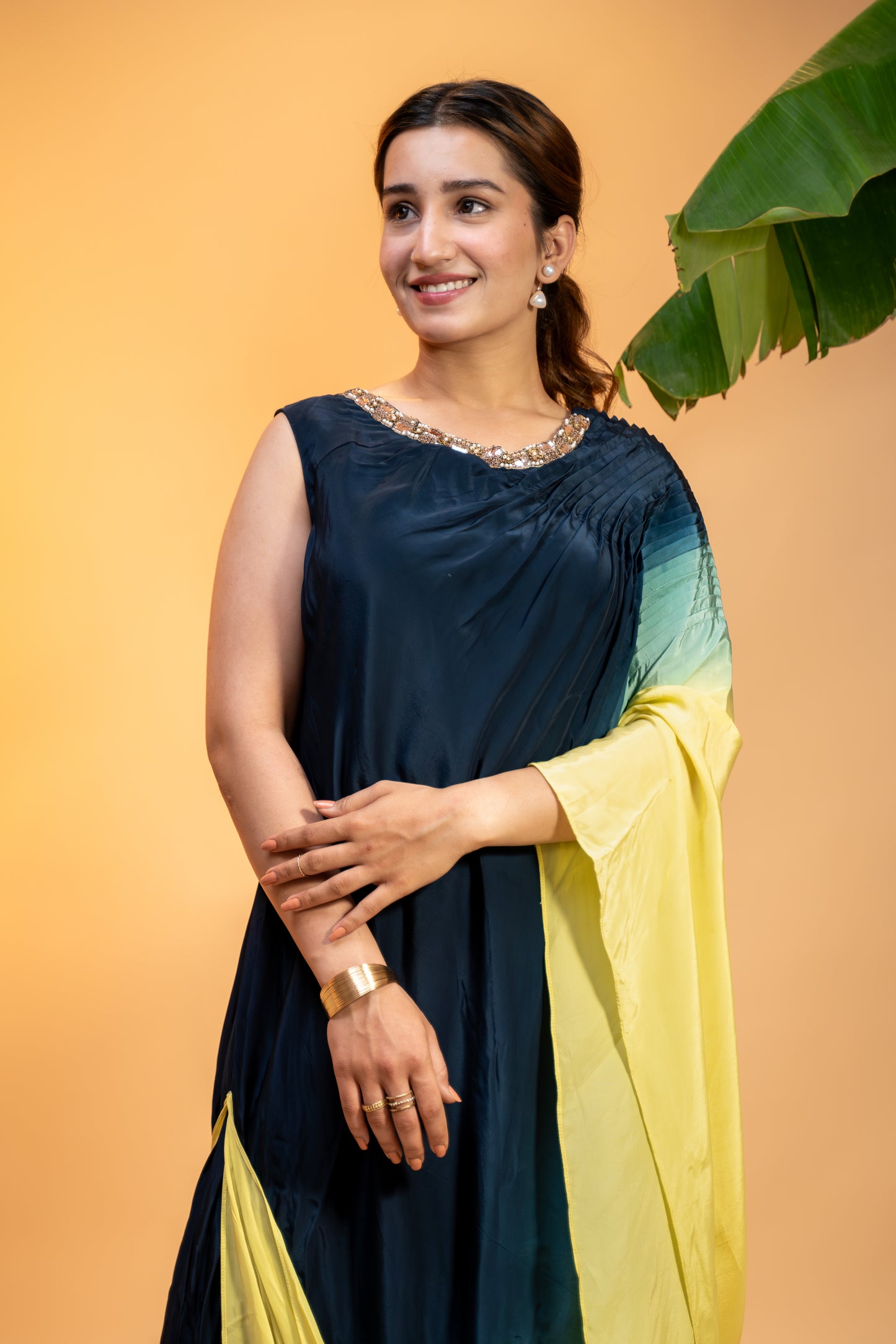 One-Shoulder Ombre Draped  Dress in Italian Satin