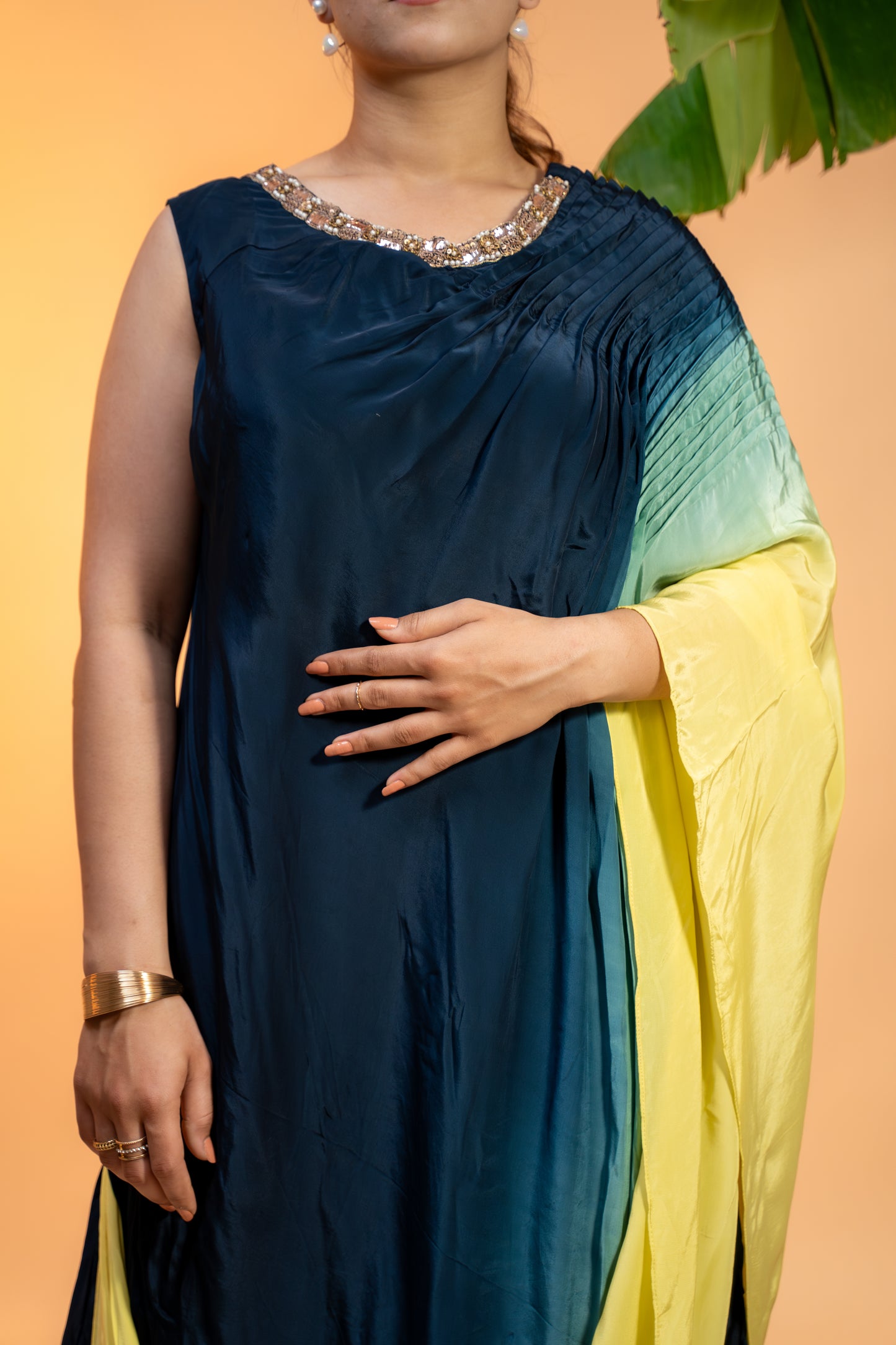One-Shoulder Ombre Draped  Dress in Italian Satin