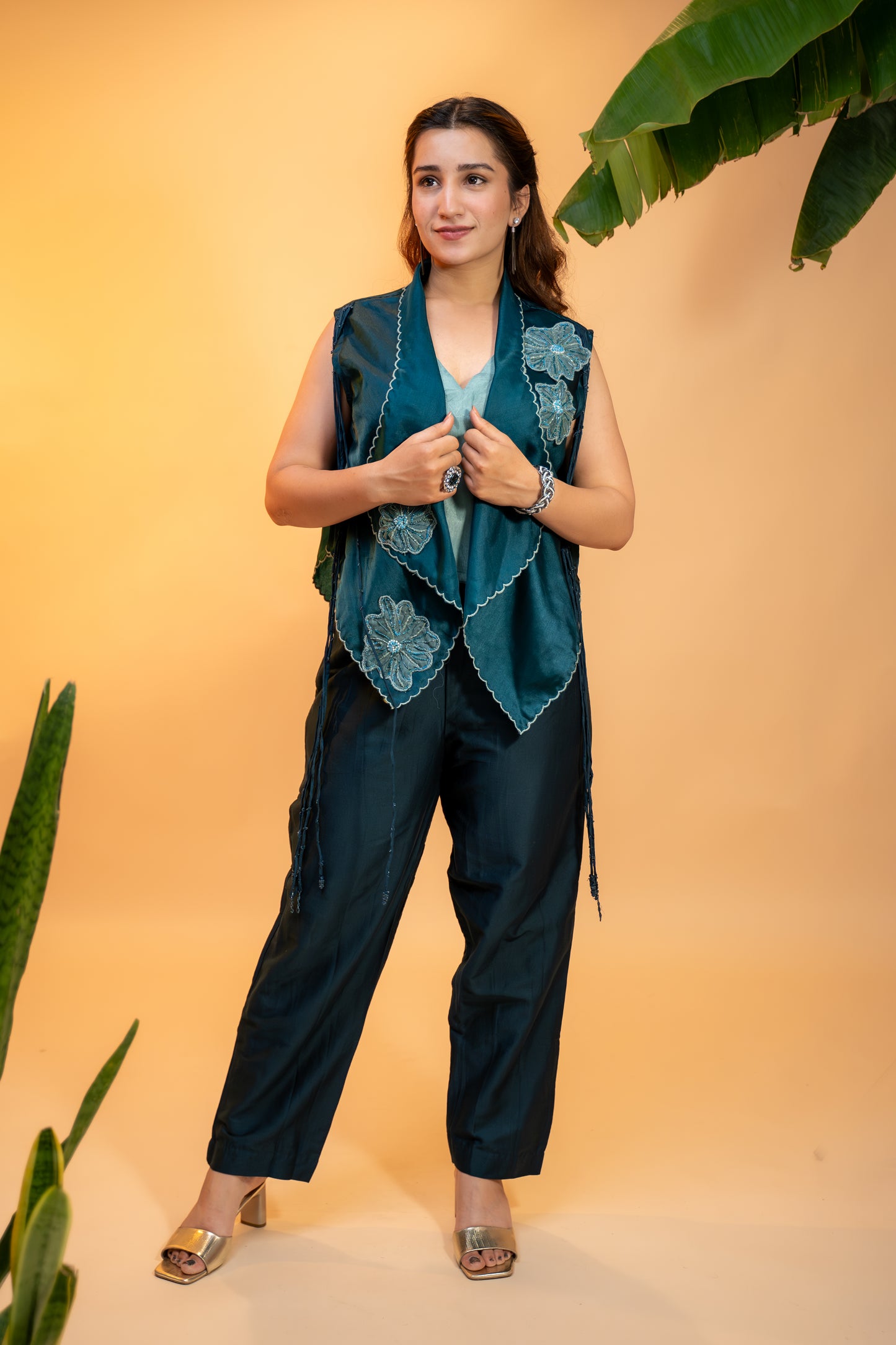 "Teal Silk Co-ord Set with  Embroidered Organza Jacket"