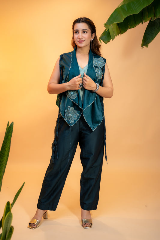 "Teal Silk Co-ord Set with  Embroidered Organza Jacket"