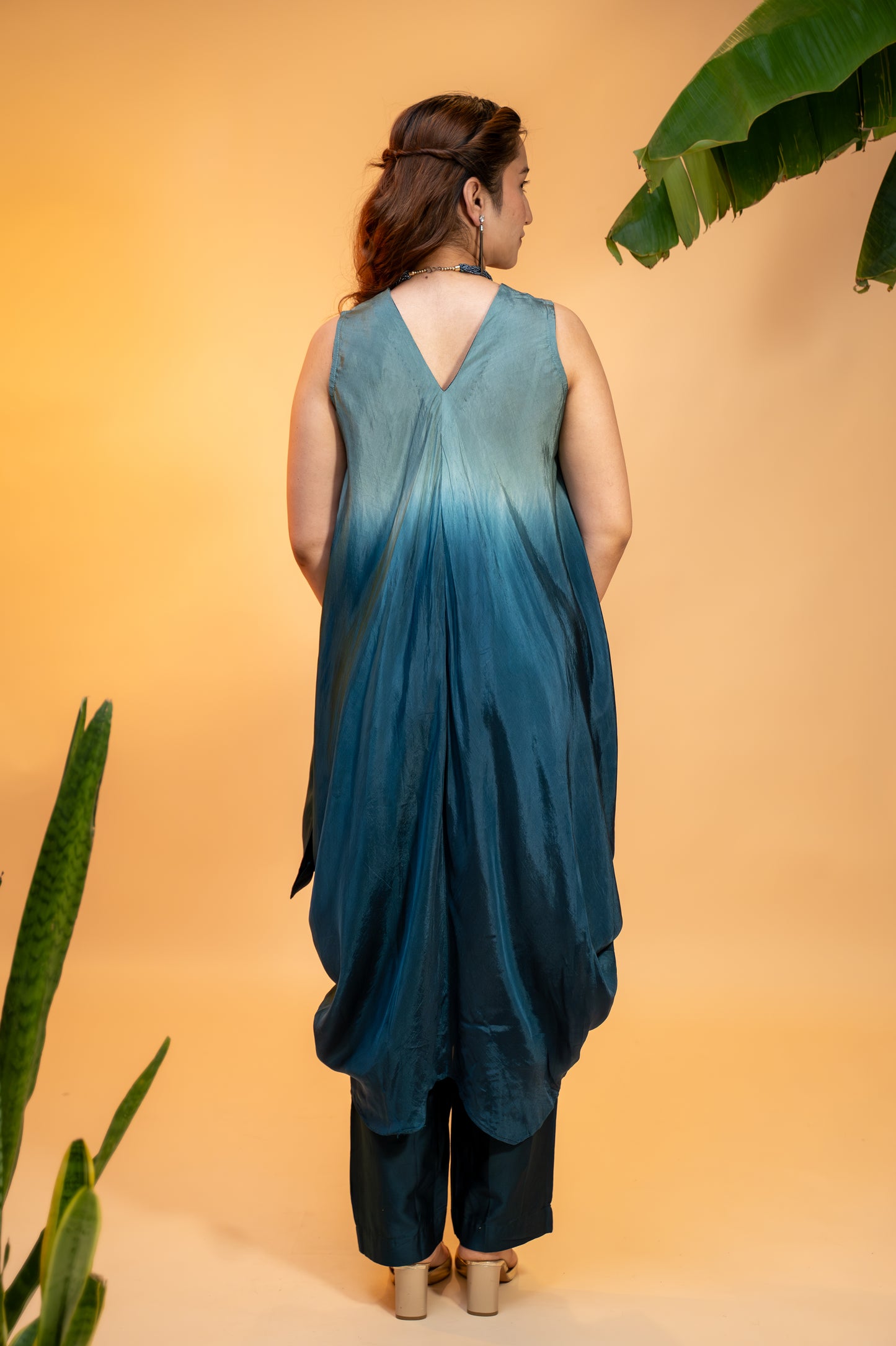 "Teal Silk Co-ord Set with  Embroidered Organza Jacket"