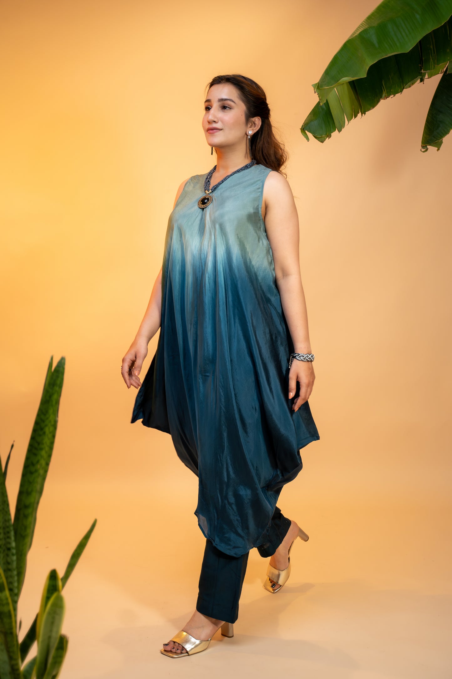 "Teal Silk Co-ord Set with  Embroidered Organza Jacket"