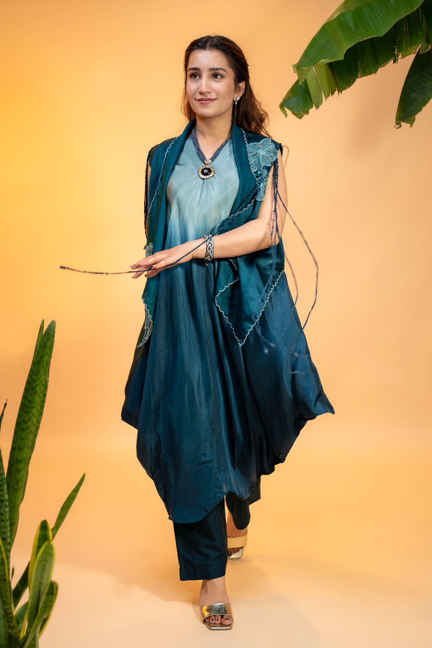 "Teal Silk Co-ord Set with  Embroidered Organza Jacket"