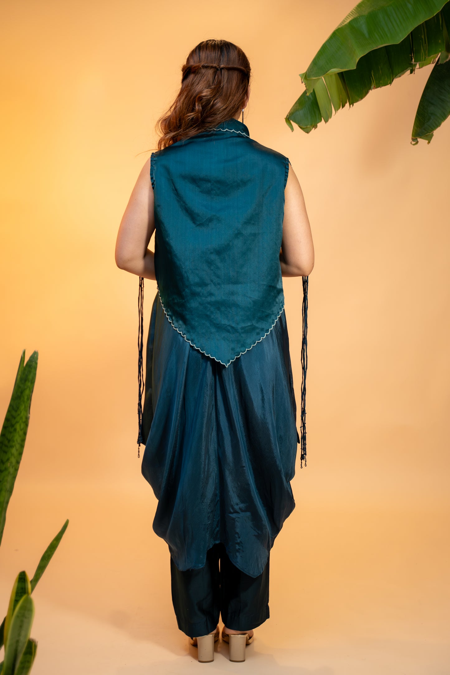 "Teal Silk Co-ord Set with  Embroidered Organza Jacket"