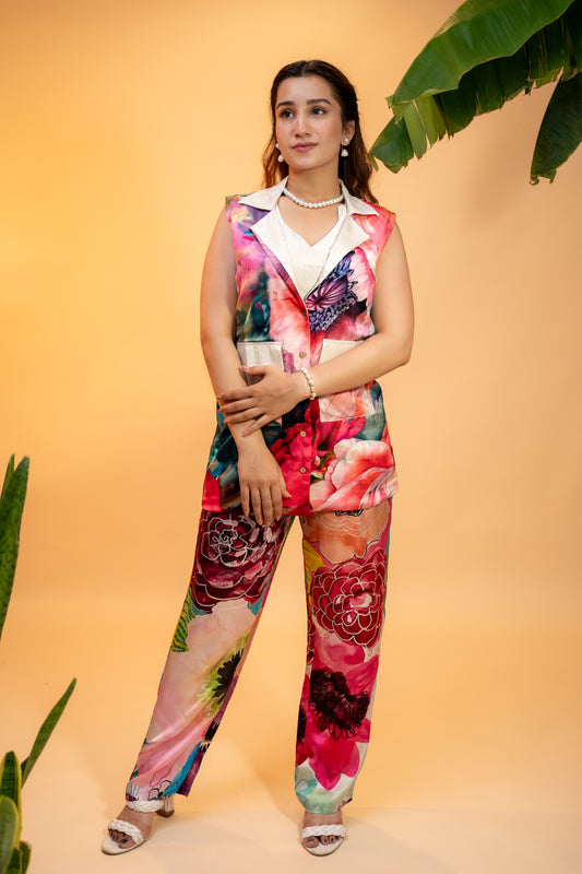 Sleeveless Printed Co-ord  Set in Italian Satin
