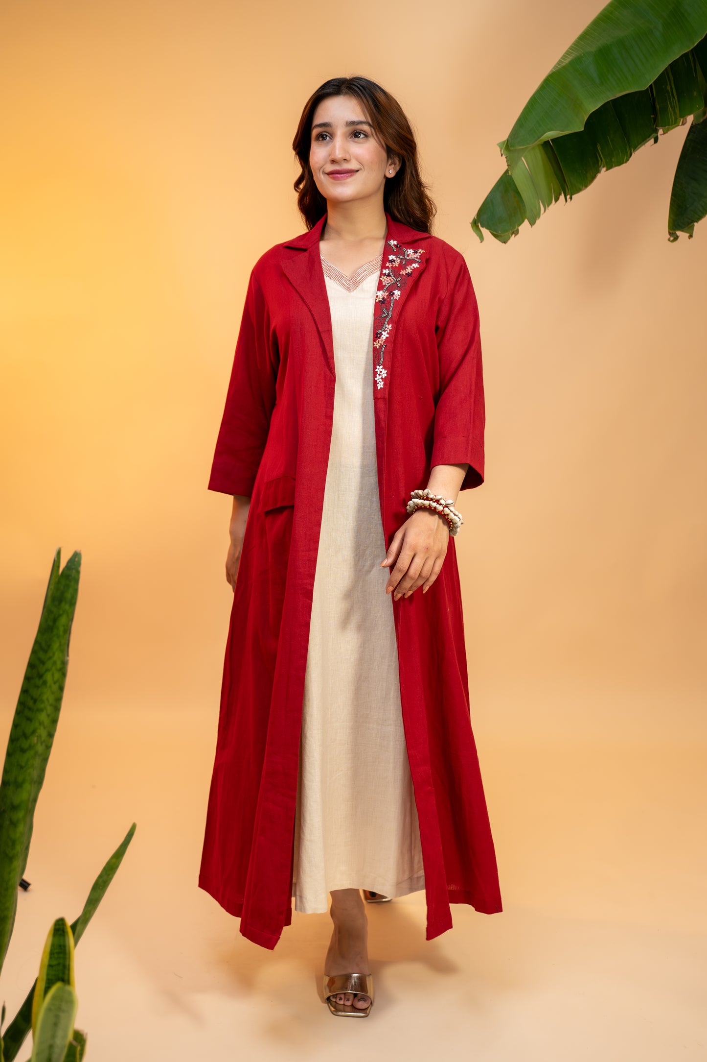 Cotton Jacket Set with  Embroidered Side Collar