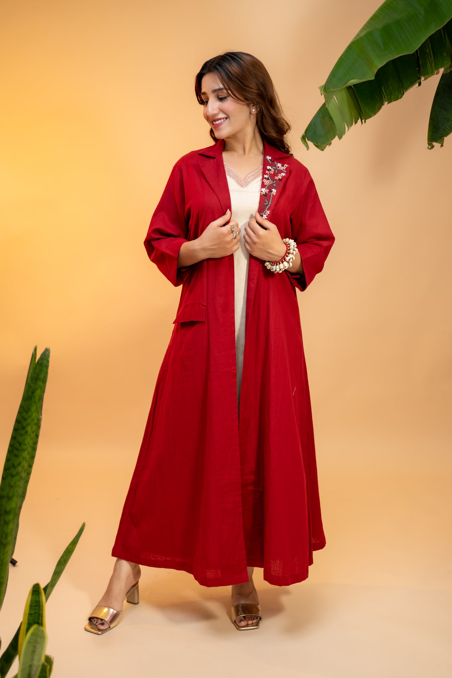 Cotton Jacket Set with  Embroidered Side Collar