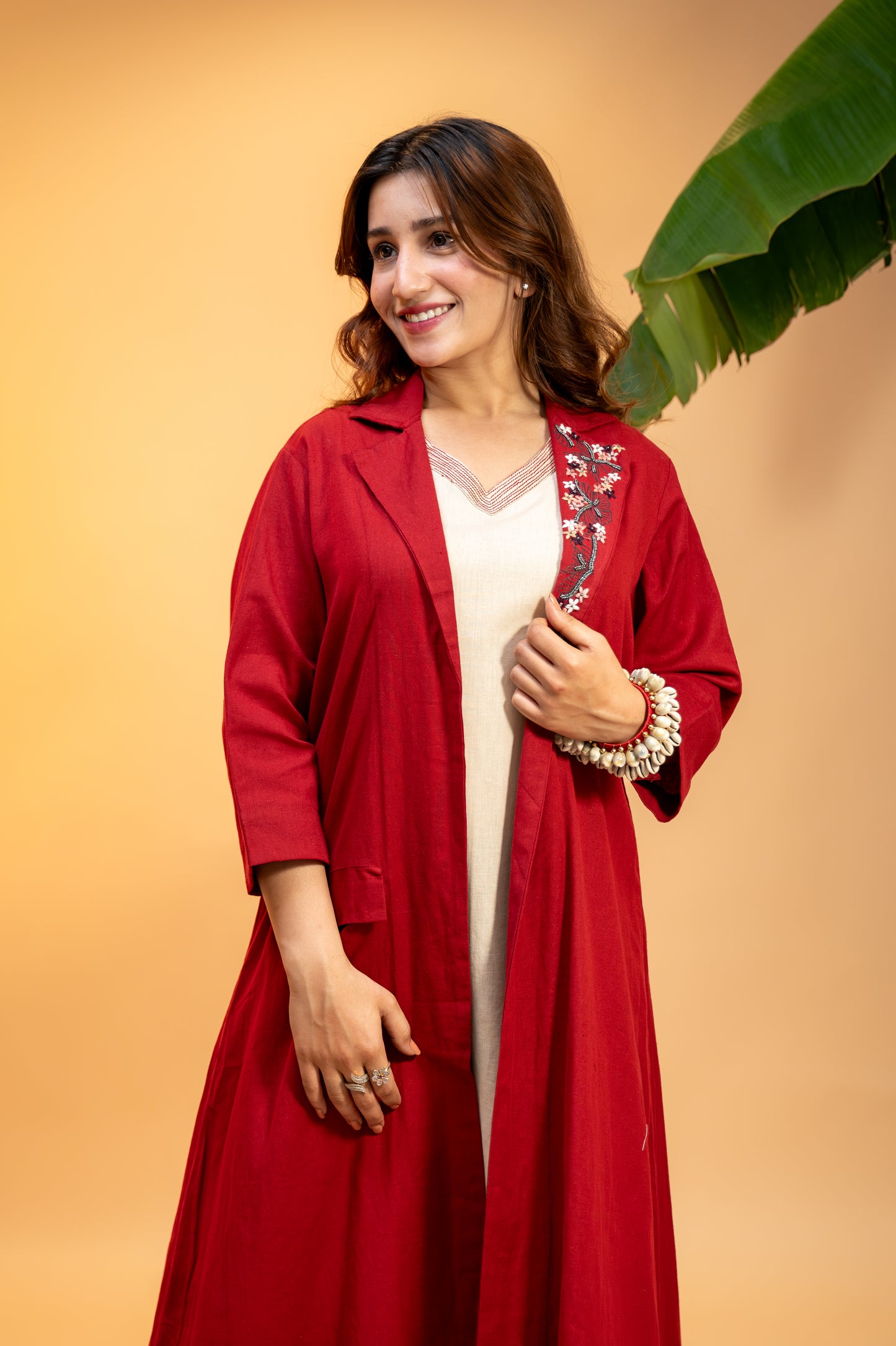Cotton Jacket Set with  Embroidered Side Collar