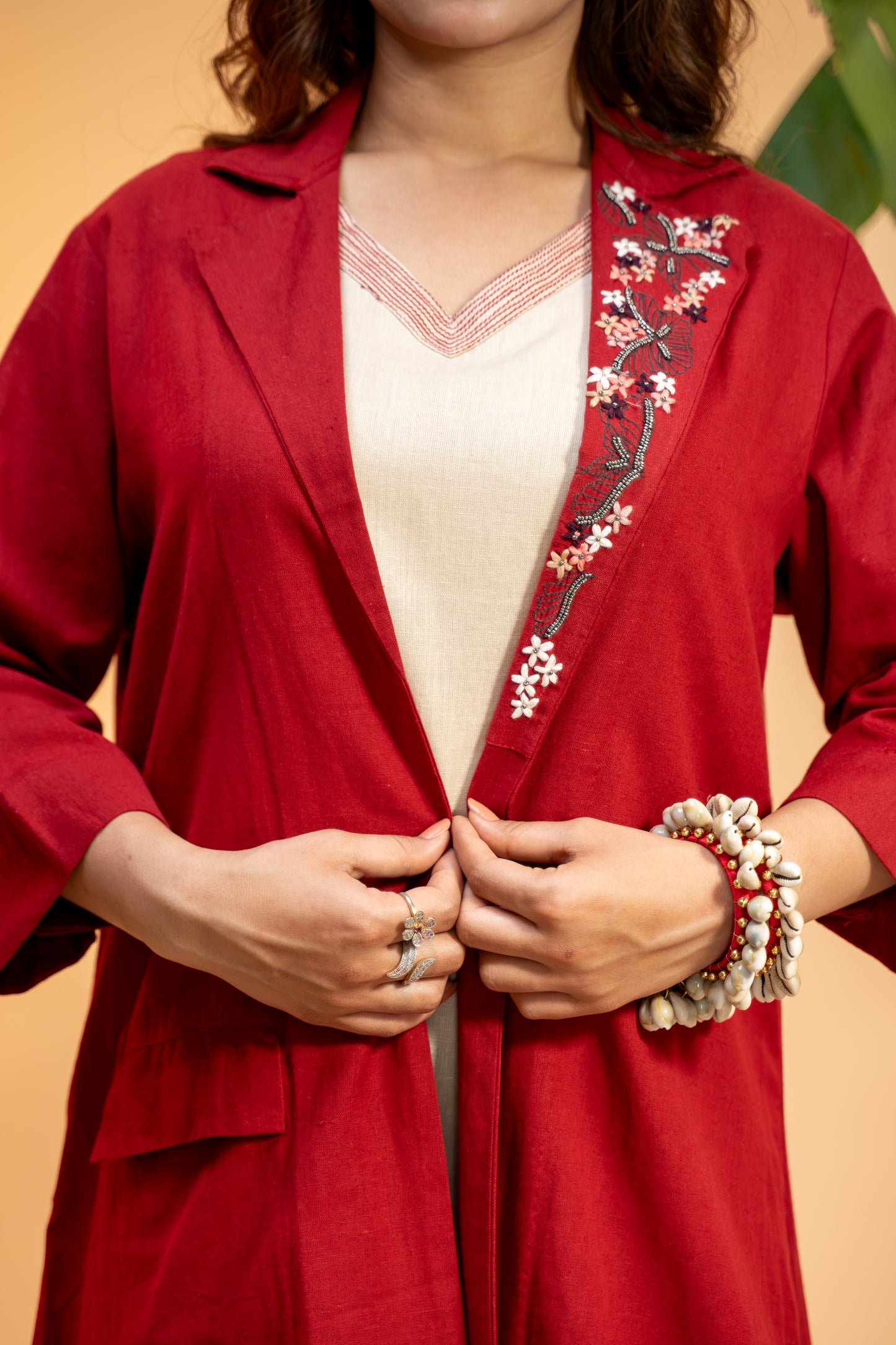 Cotton Jacket Set with  Embroidered Side Collar