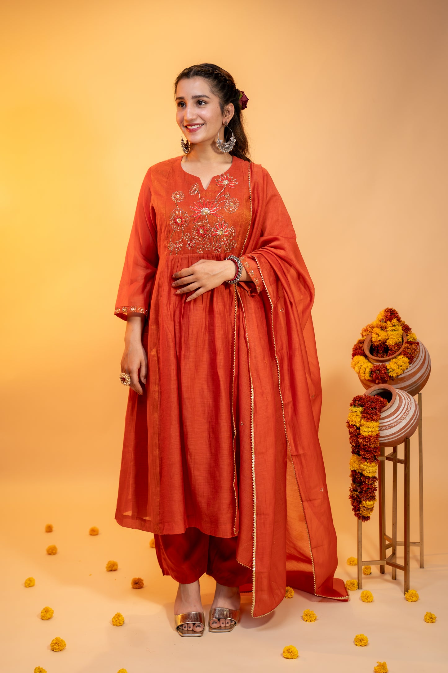 "Terracotta Mul Chanderi  Embroidered Kurta Set"