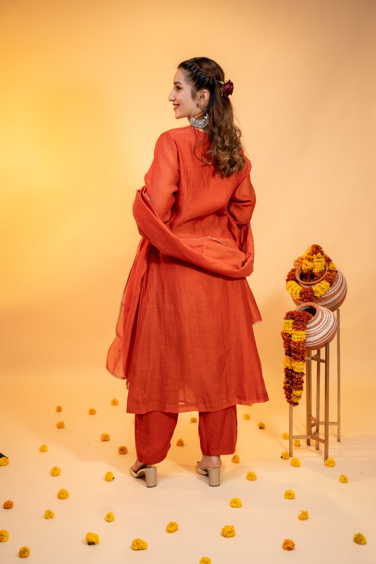 "Terracotta Mul Chanderi  Embroidered Kurta Set"
