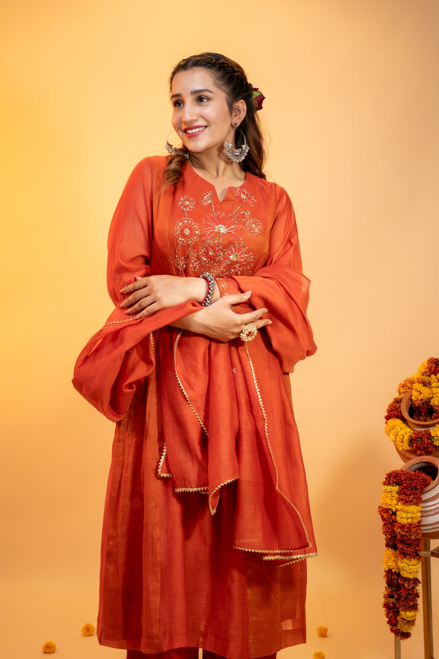 "Terracotta Mul Chanderi  Embroidered Kurta Set"