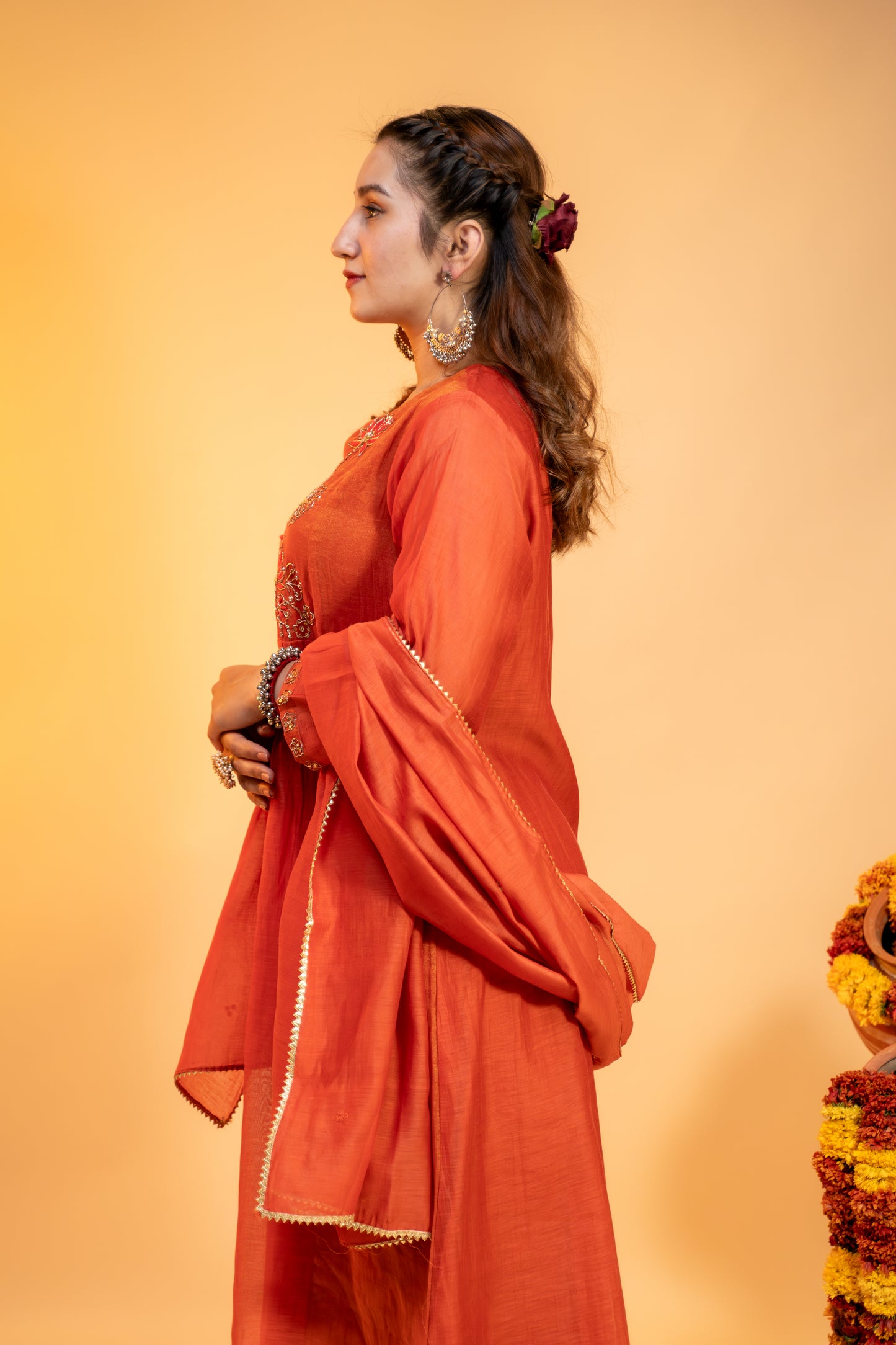 "Terracotta Mul Chanderi  Embroidered Kurta Set"