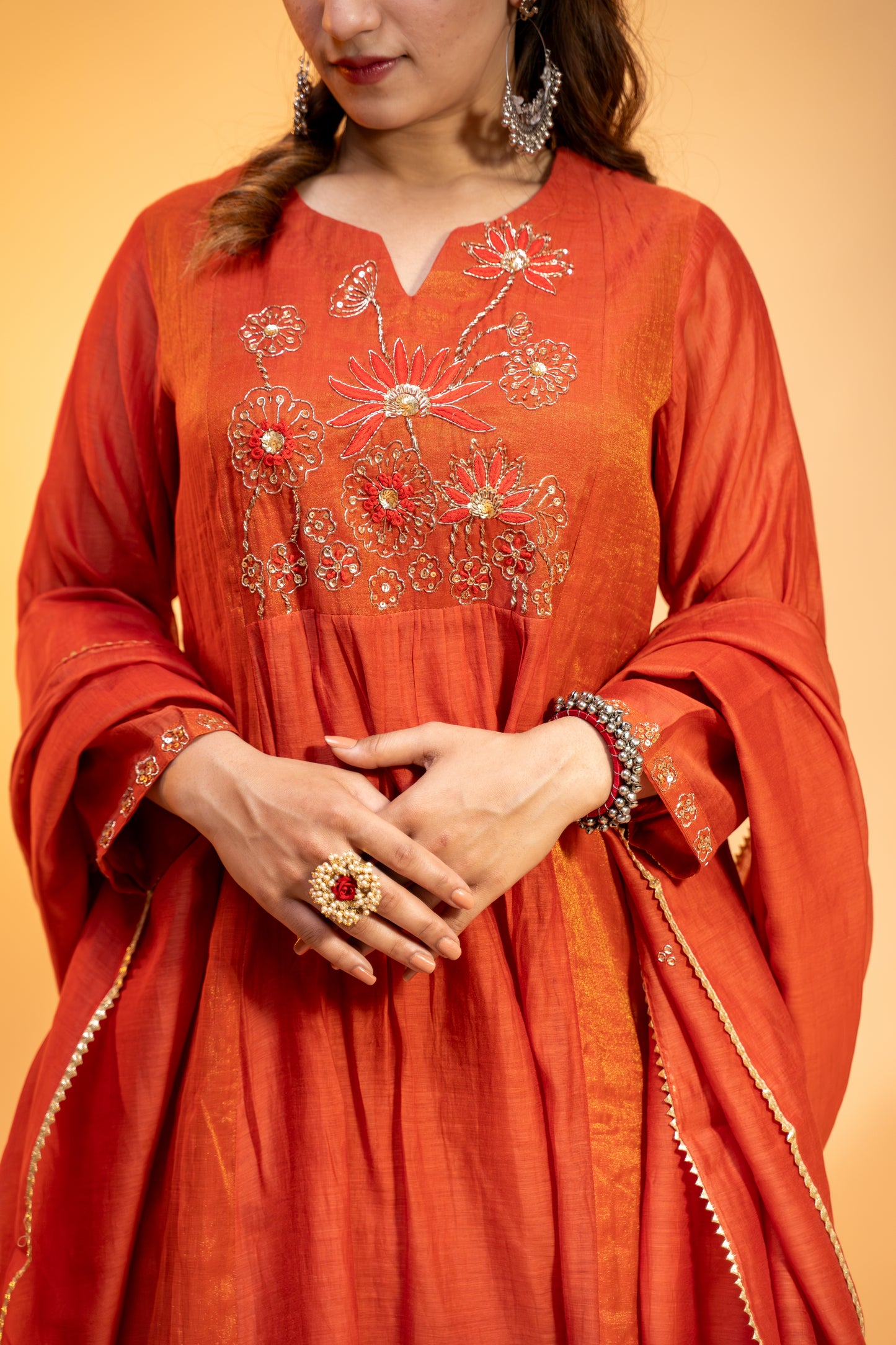 "Terracotta Mul Chanderi  Embroidered Kurta Set"