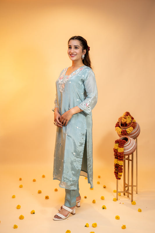 "Pastel Green Chinon  Embroidered Kurta Set"