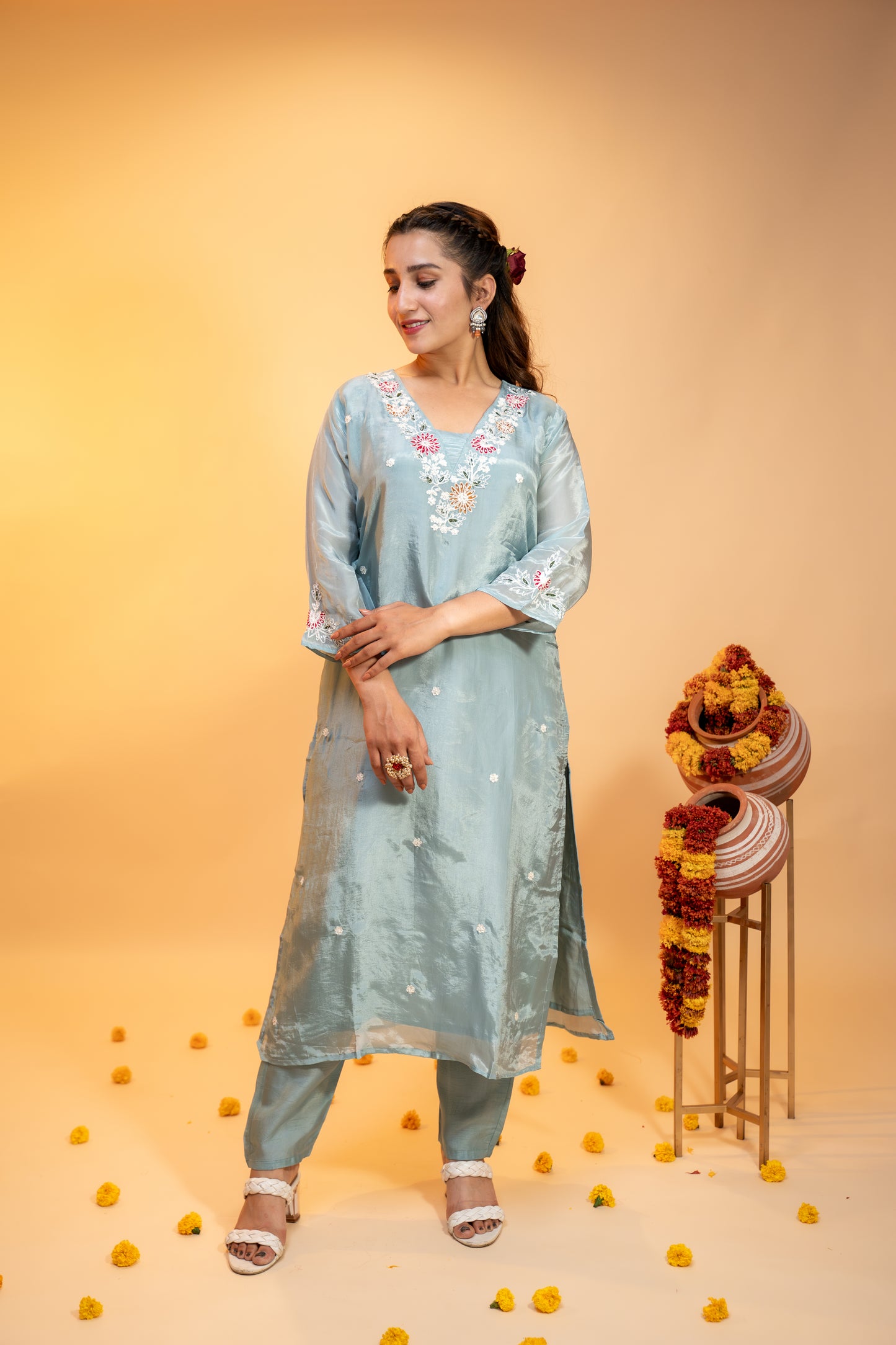 "Pastel Green Chinon  Embroidered Kurta Set"