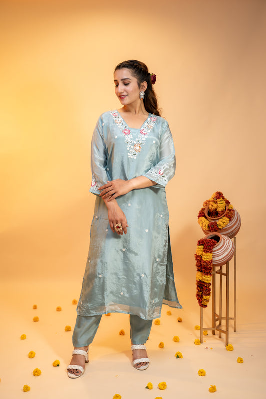 "Pastel Green Chinon  Embroidered Kurta Set"