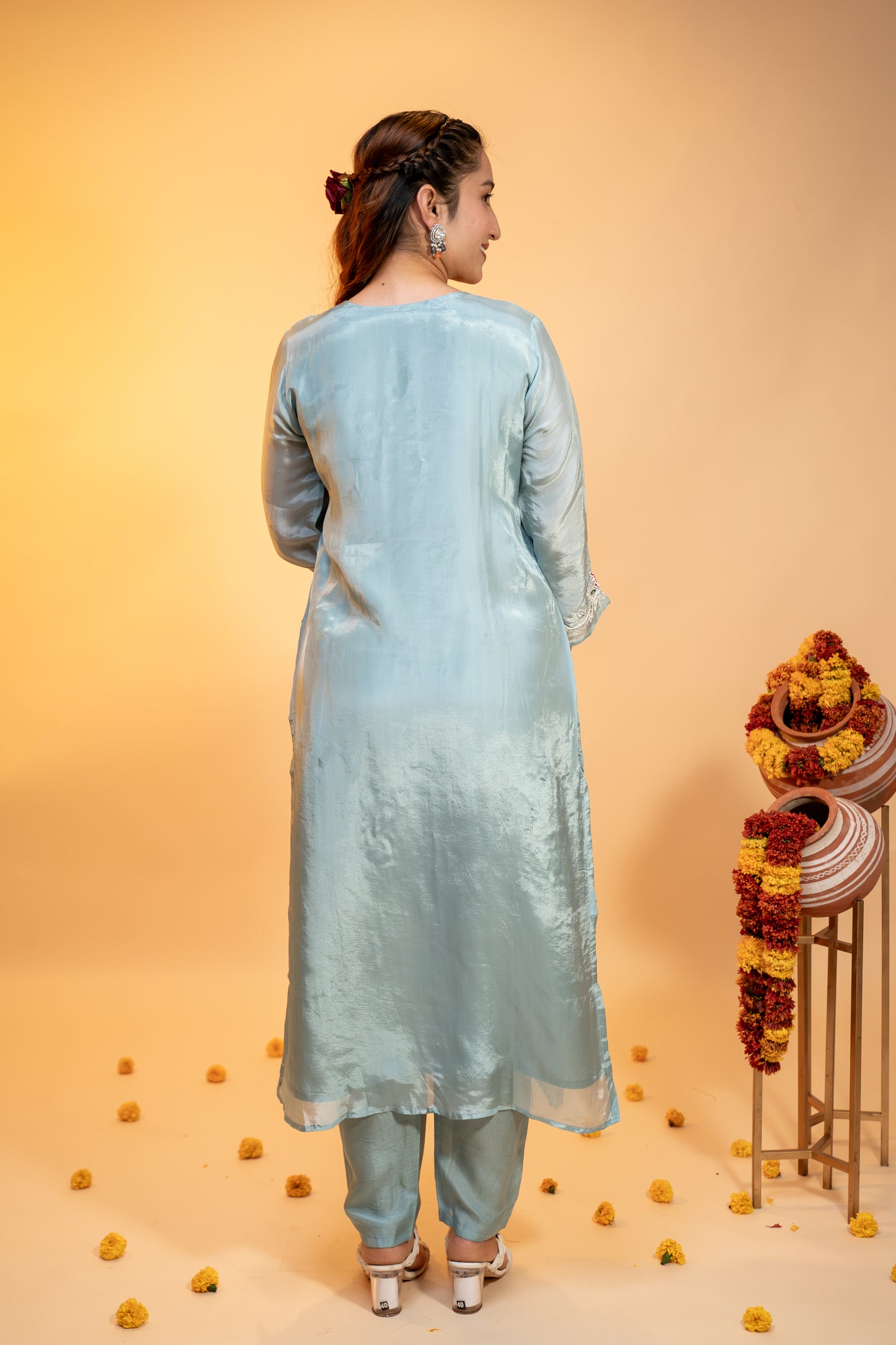"Pastel Green Chinon  Embroidered Kurta Set"