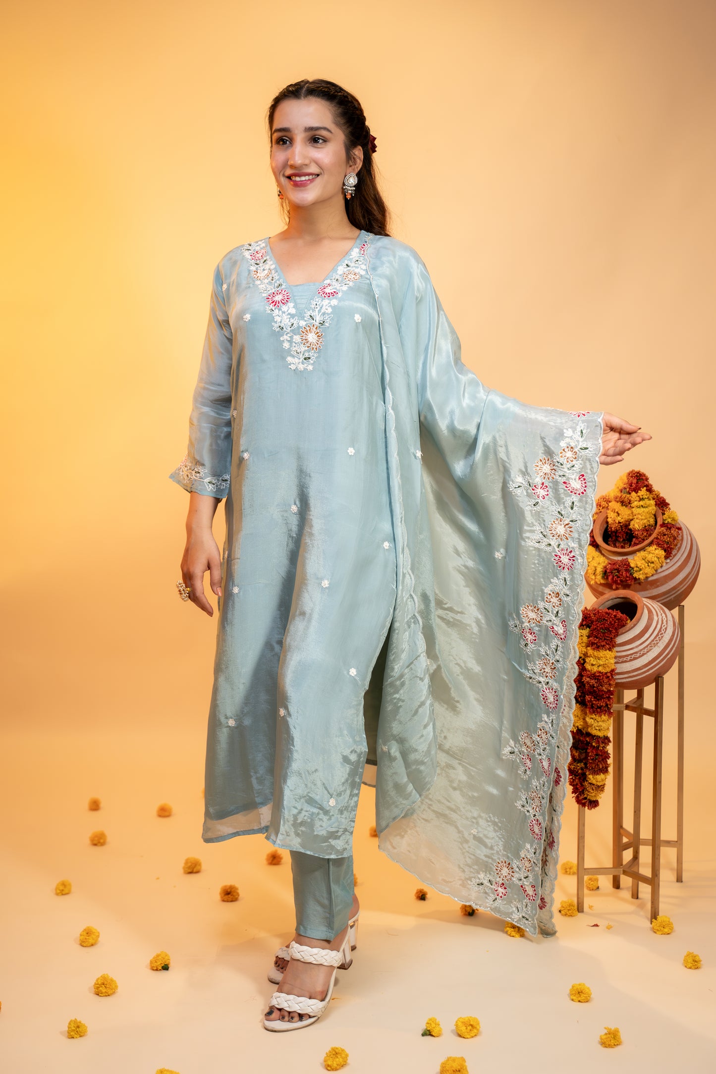 "Pastel Green Chinon  Embroidered Kurta Set"