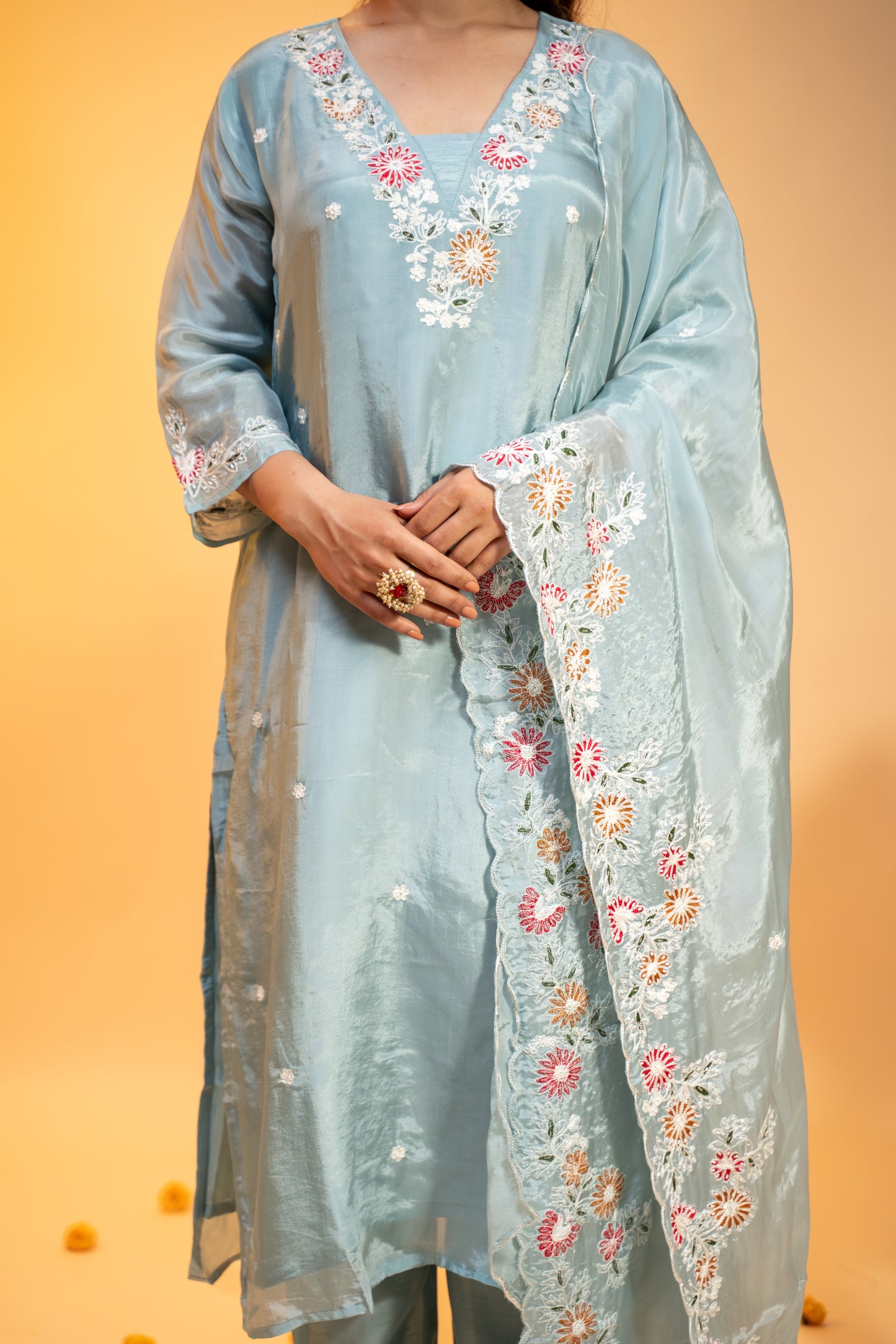 "Pastel Green Chinon  Embroidered Kurta Set"
