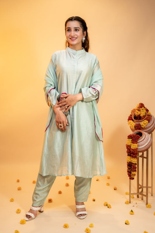 "Mint Green Silk Kurta Set  with Subtle Embroidery"