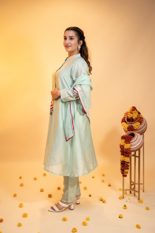 "Mint Green Silk Kurta Set  with Subtle Embroidery"