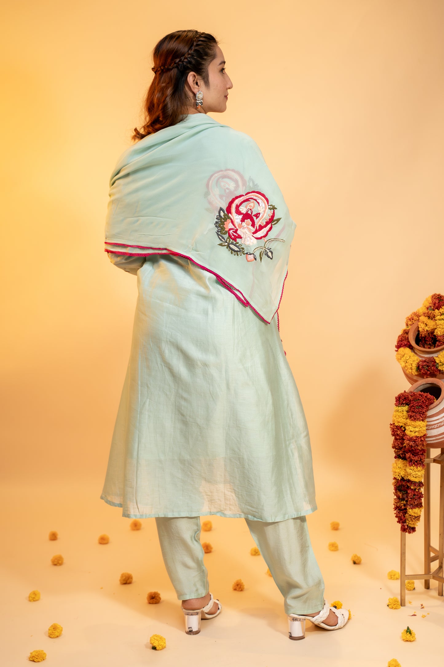 "Mint Green Silk Kurta Set  with Subtle Embroidery"