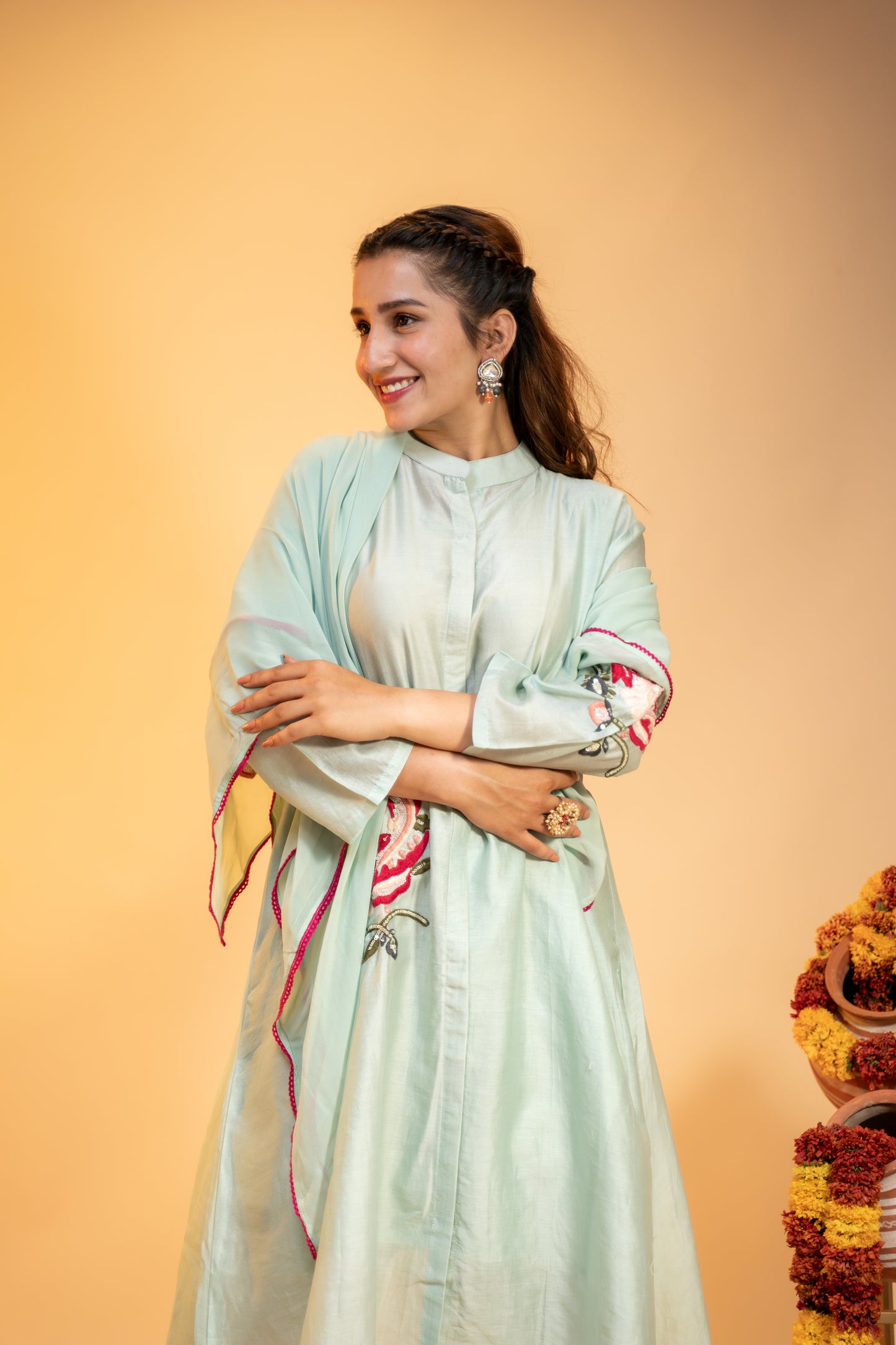"Mint Green Silk Kurta Set  with Subtle Embroidery"