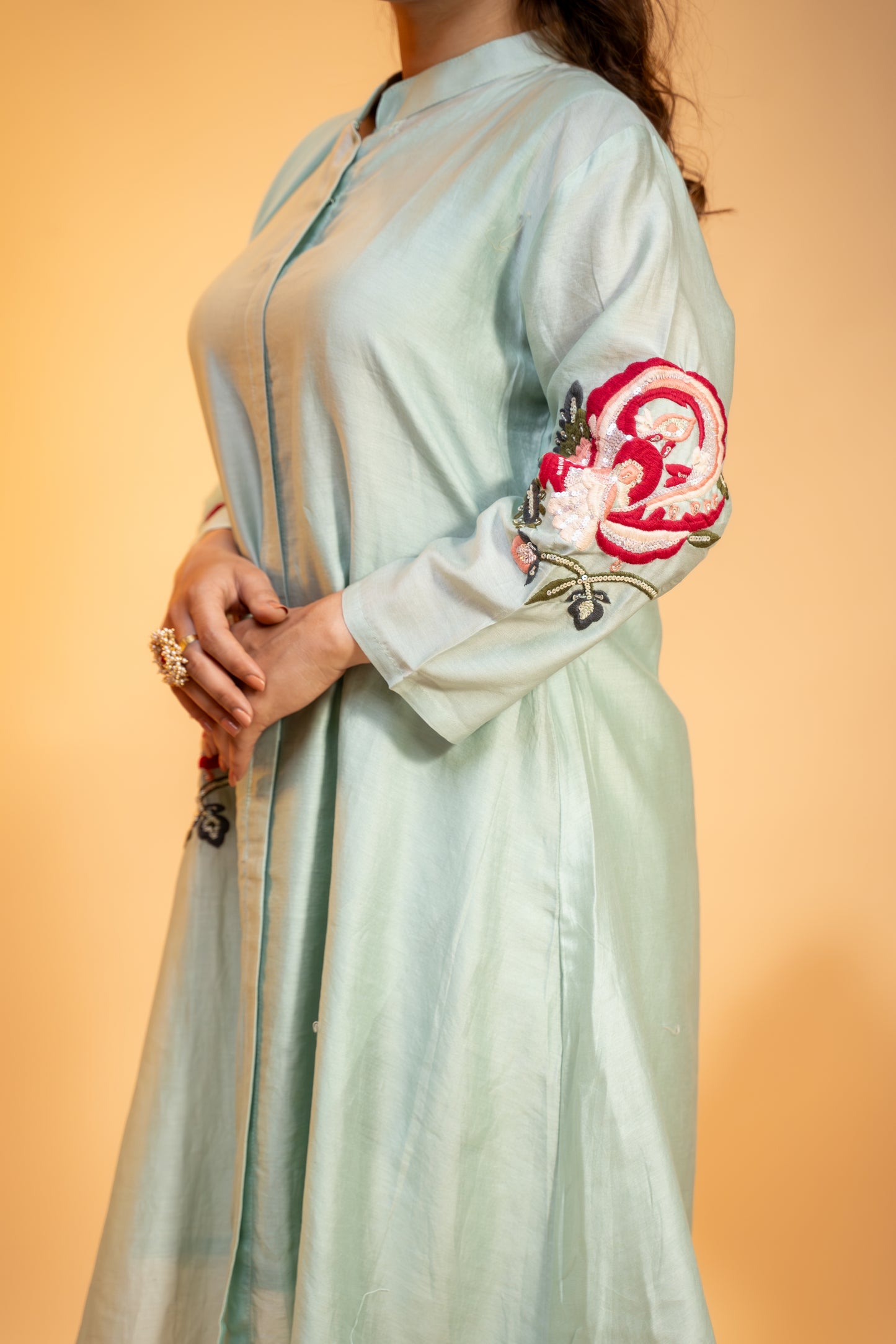 "Mint Green Silk Kurta Set  with Subtle Embroidery"