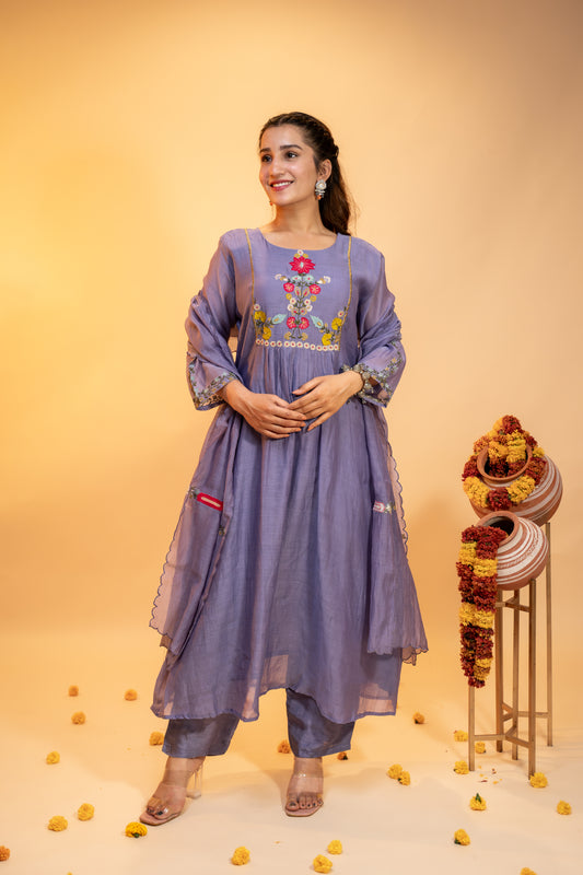 "Lavender Mul Chanderi Kurta  Set with Hand Embroidery"