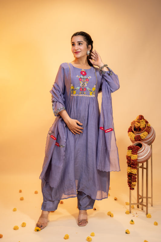 "Lavender Mul Chanderi Kurta  Set with Hand Embroidery"