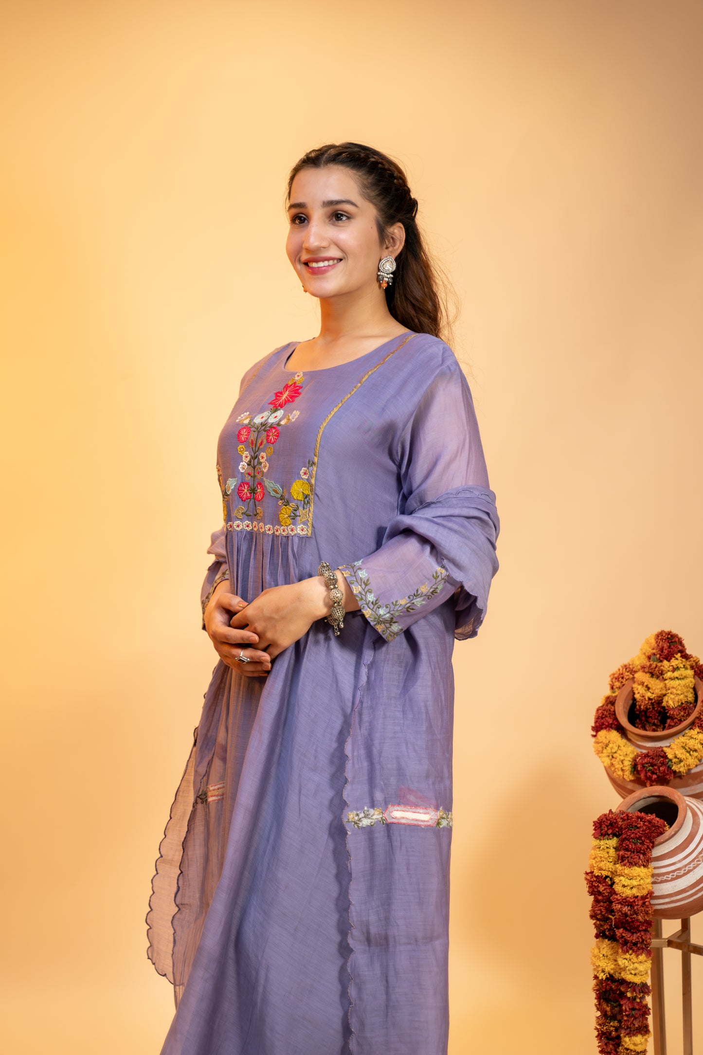"Lavender Mul Chanderi Kurta  Set with Hand Embroidery"