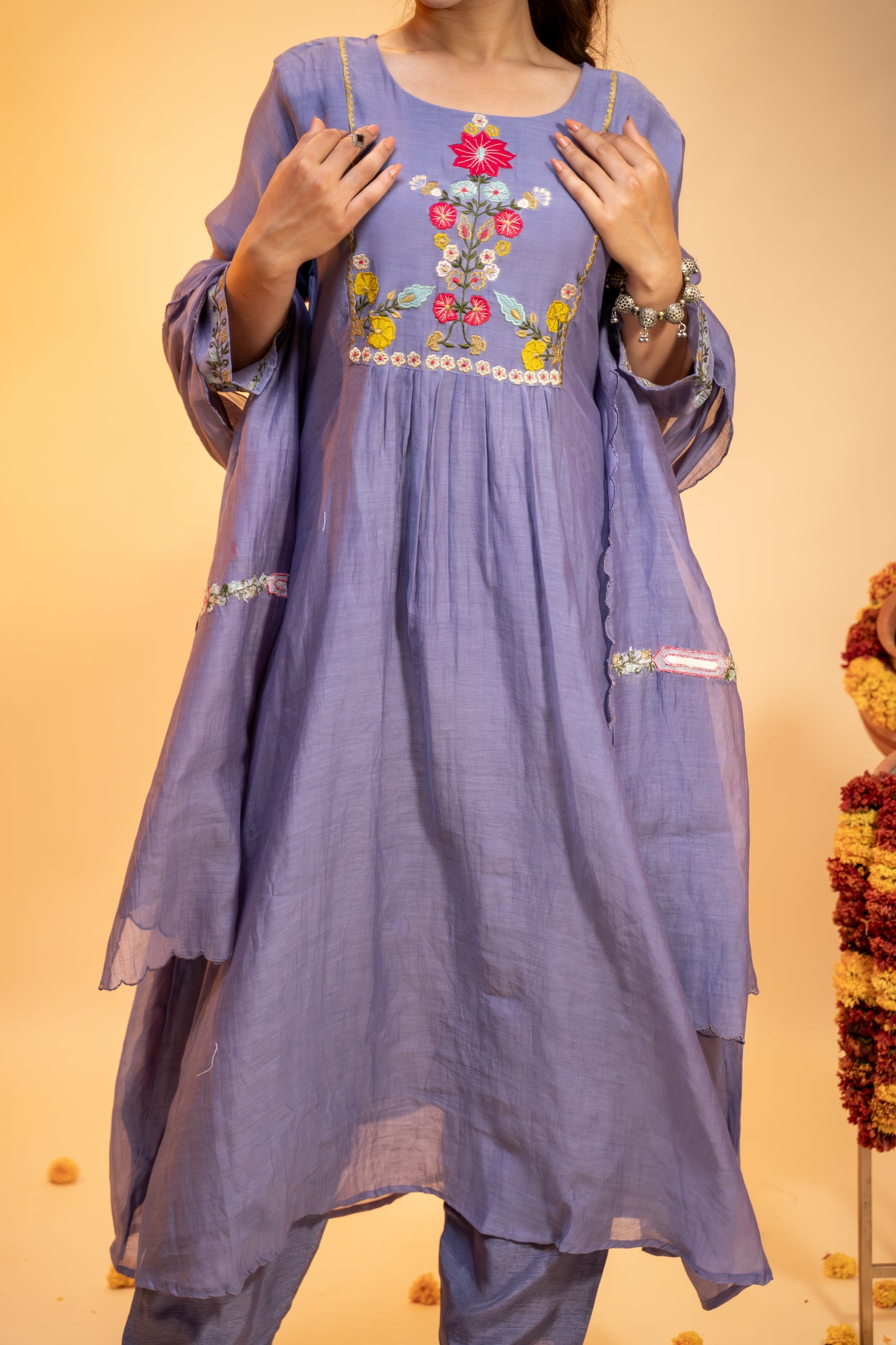 "Lavender Mul Chanderi Kurta  Set with Hand Embroidery"