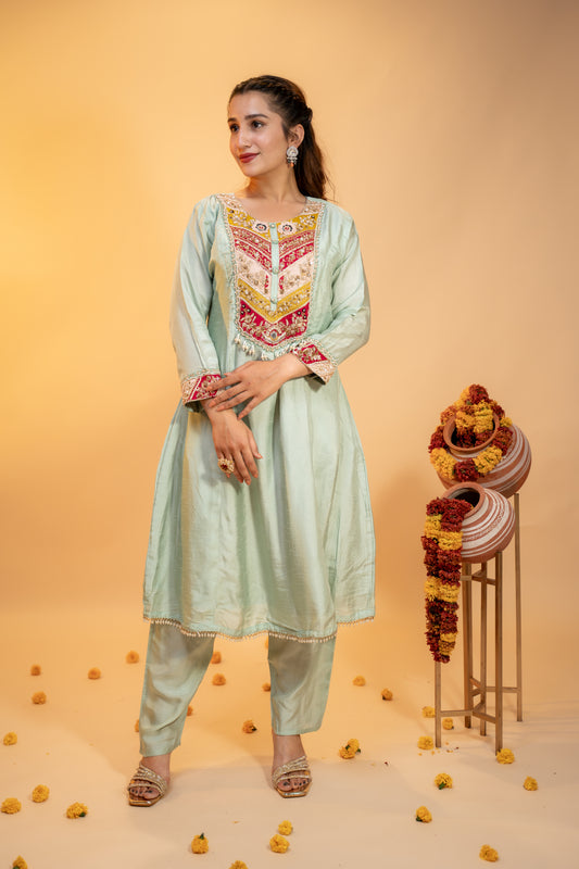 "Mint Green Silk Kurta Set with  Multicolor Embroidery"