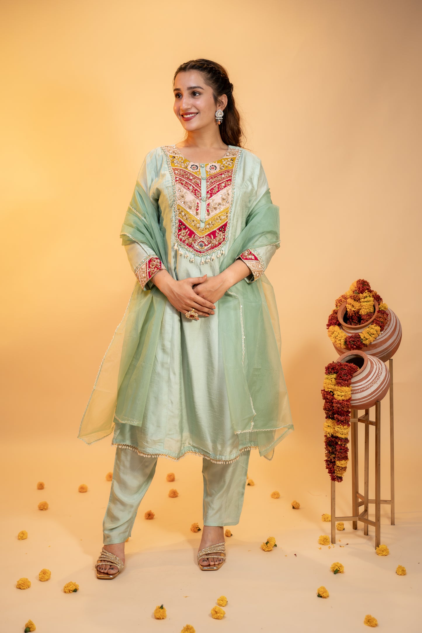 "Mint Green Silk Kurta Set with  Multicolor Embroidery"