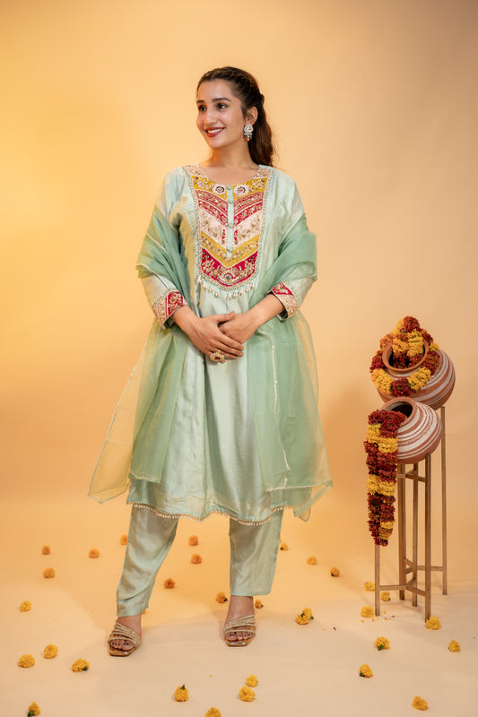 "Mint Green Silk Kurta Set with  Multicolor Embroidery"