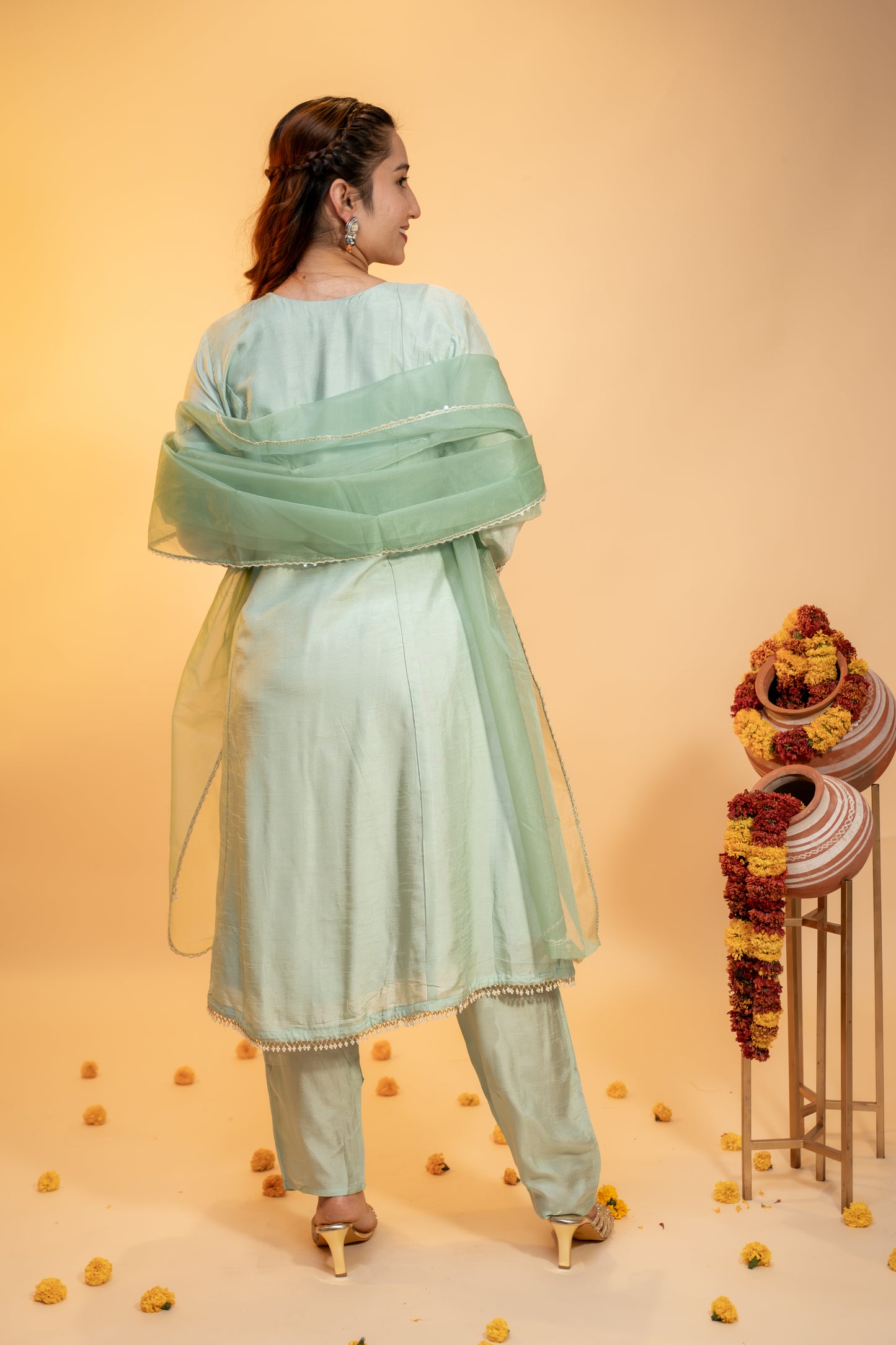 "Mint Green Silk Kurta Set with  Multicolor Embroidery"