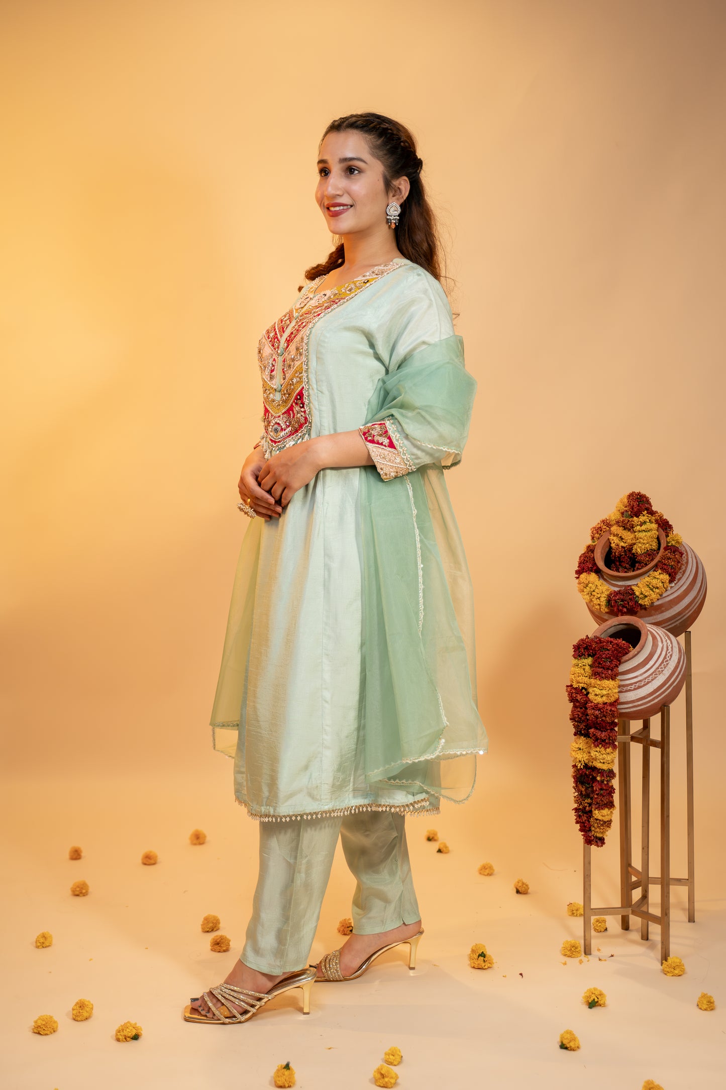 "Mint Green Silk Kurta Set with  Multicolor Embroidery"