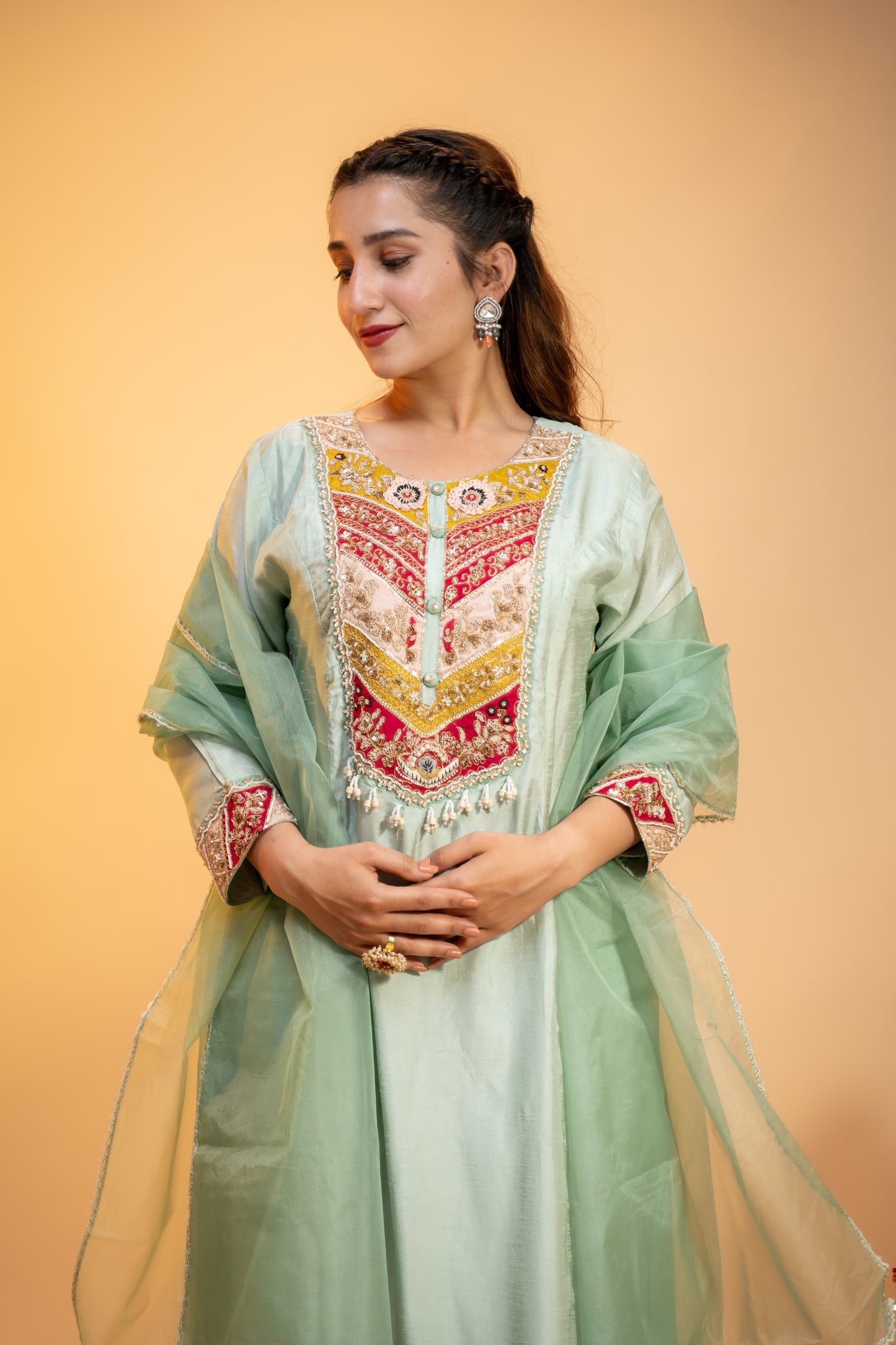 "Mint Green Silk Kurta Set with  Multicolor Embroidery"
