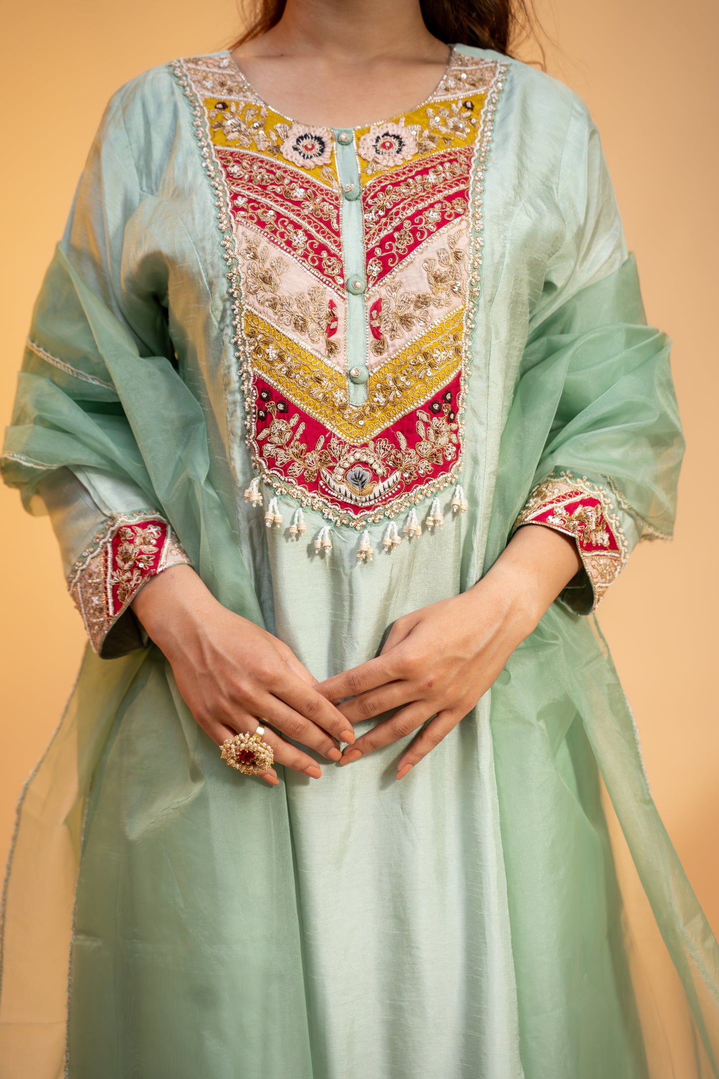 "Mint Green Silk Kurta Set with  Multicolor Embroidery"