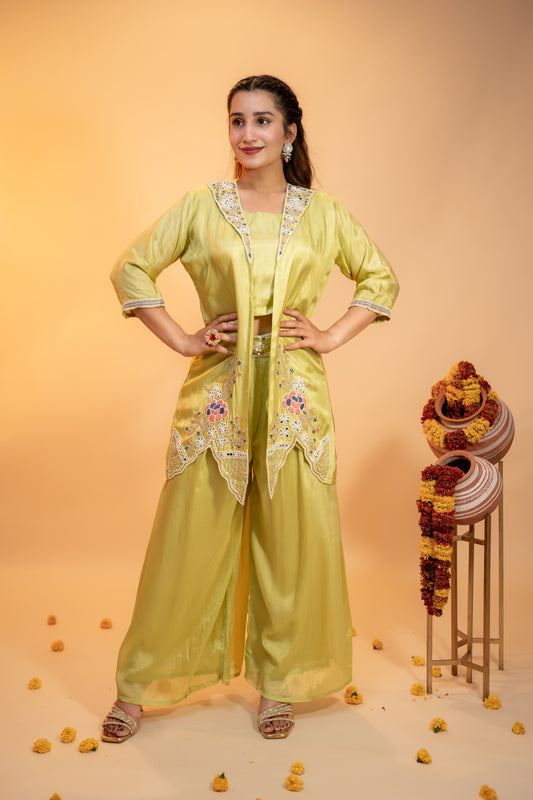 Embroidered Chinon Co-ord Set – Lime Glow